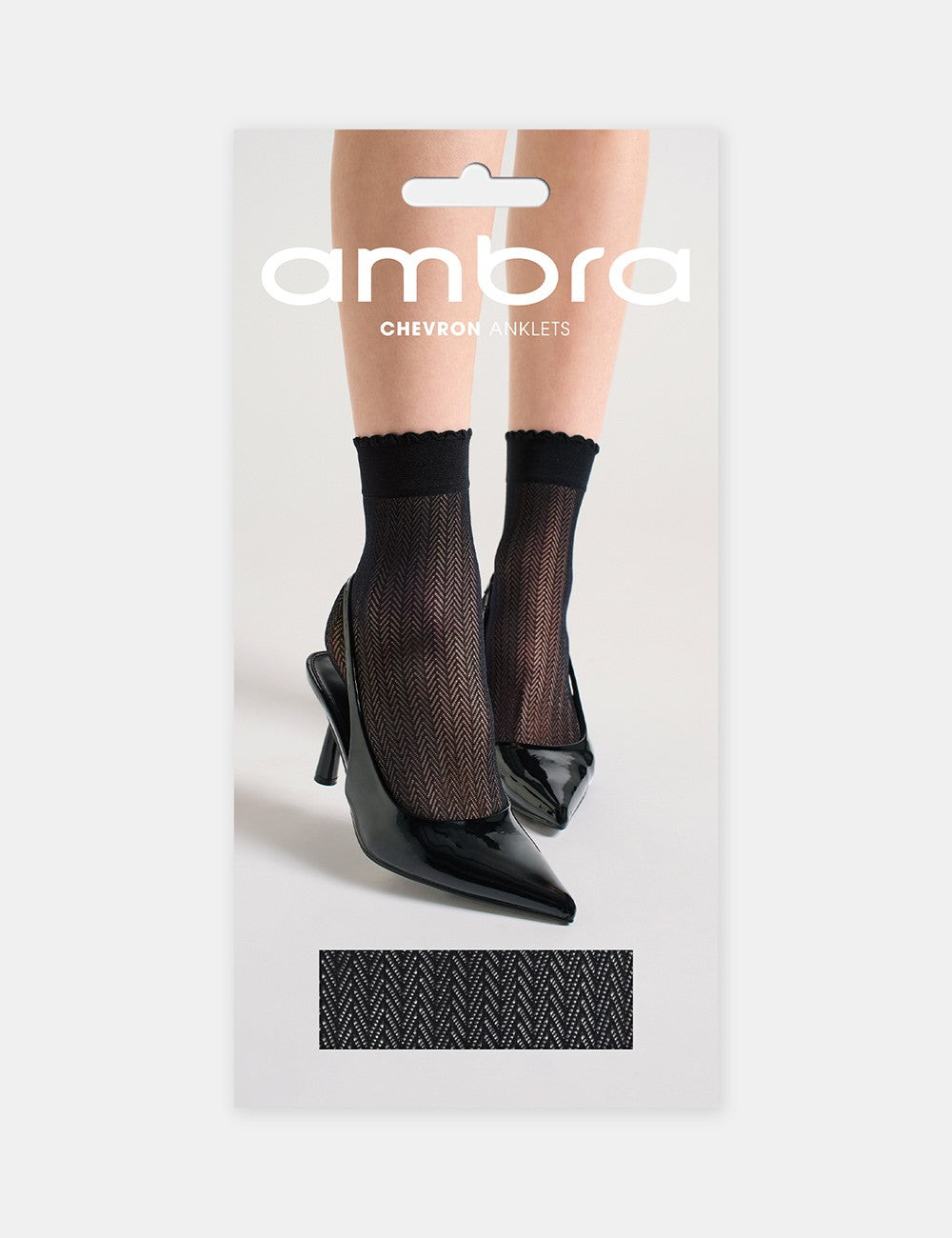 Black chevron-patterned ankle socks with a sheer mesh texture and ribbed cuff, branded ambra.