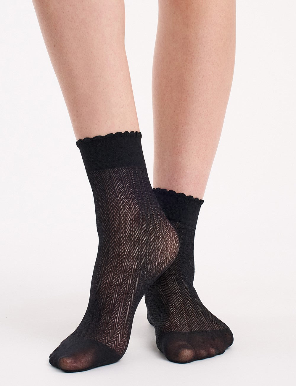 Chevron Anklet black sheer ankle socks with herringbone pattern scalloped cuffs
