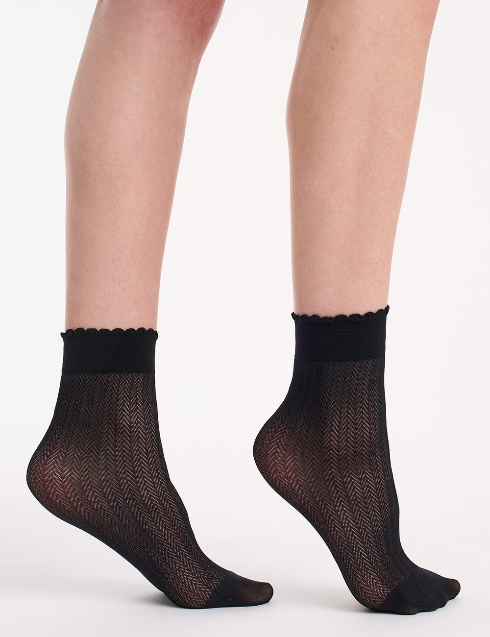 Black sheer ankle socks with herringbone pattern and scalloped cuff, Chevron Anklet