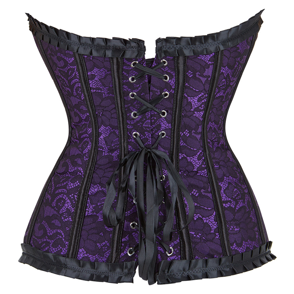 Purple lace Floral Print Corset with black satin trim and lacing