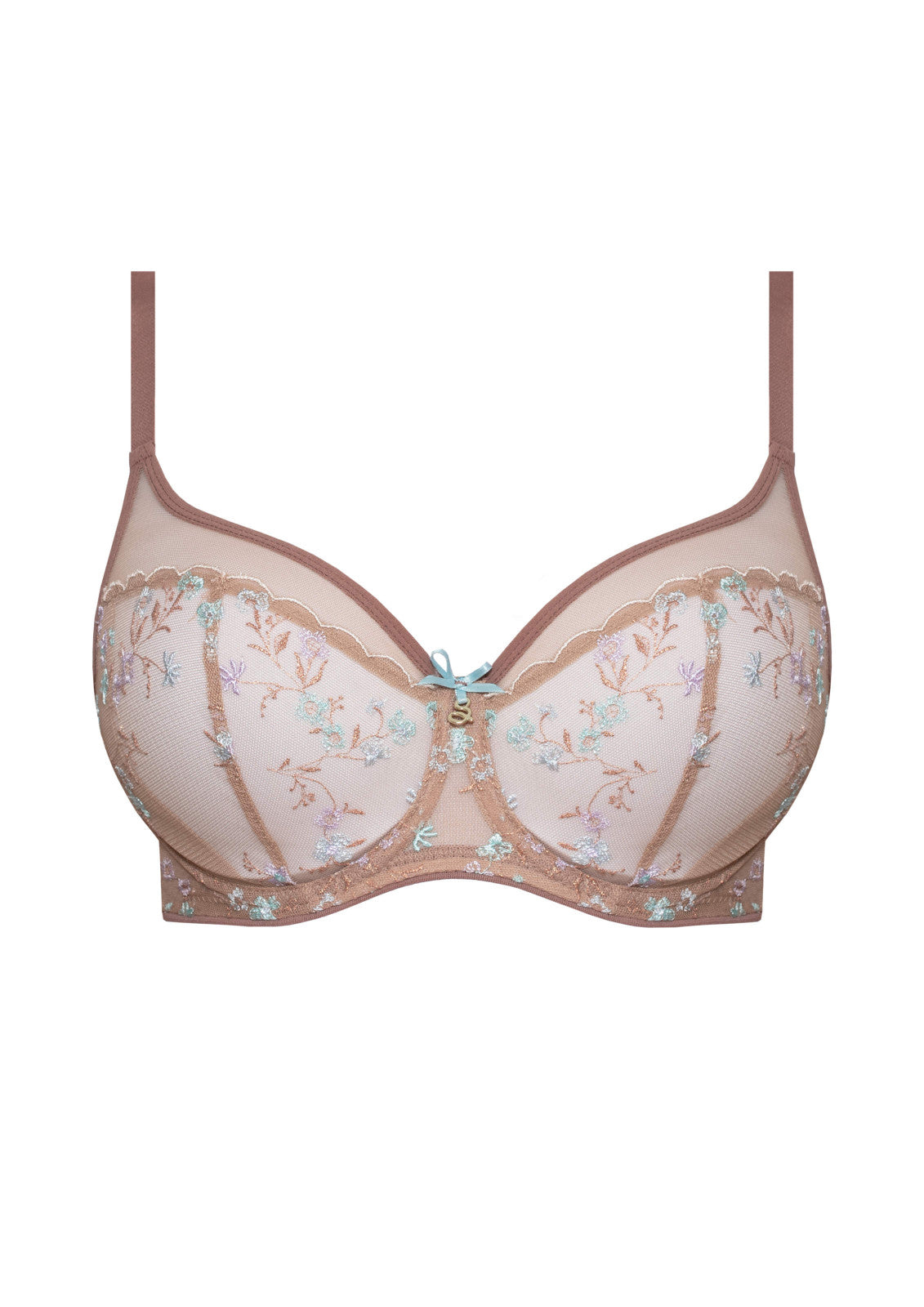 Delicate blush pink margaret soft bra with intricate floral embroidery and a matching light blue bow at center
