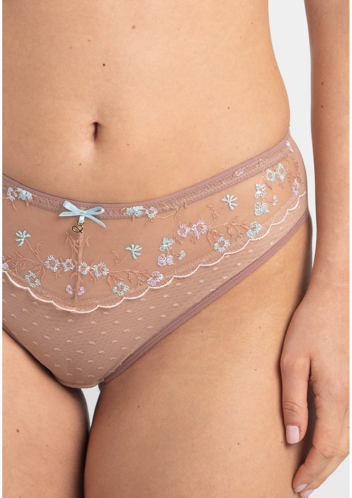 Margaret figs brazilian delicate mauve lace thong with intricate floral embroidery and a matching front bow