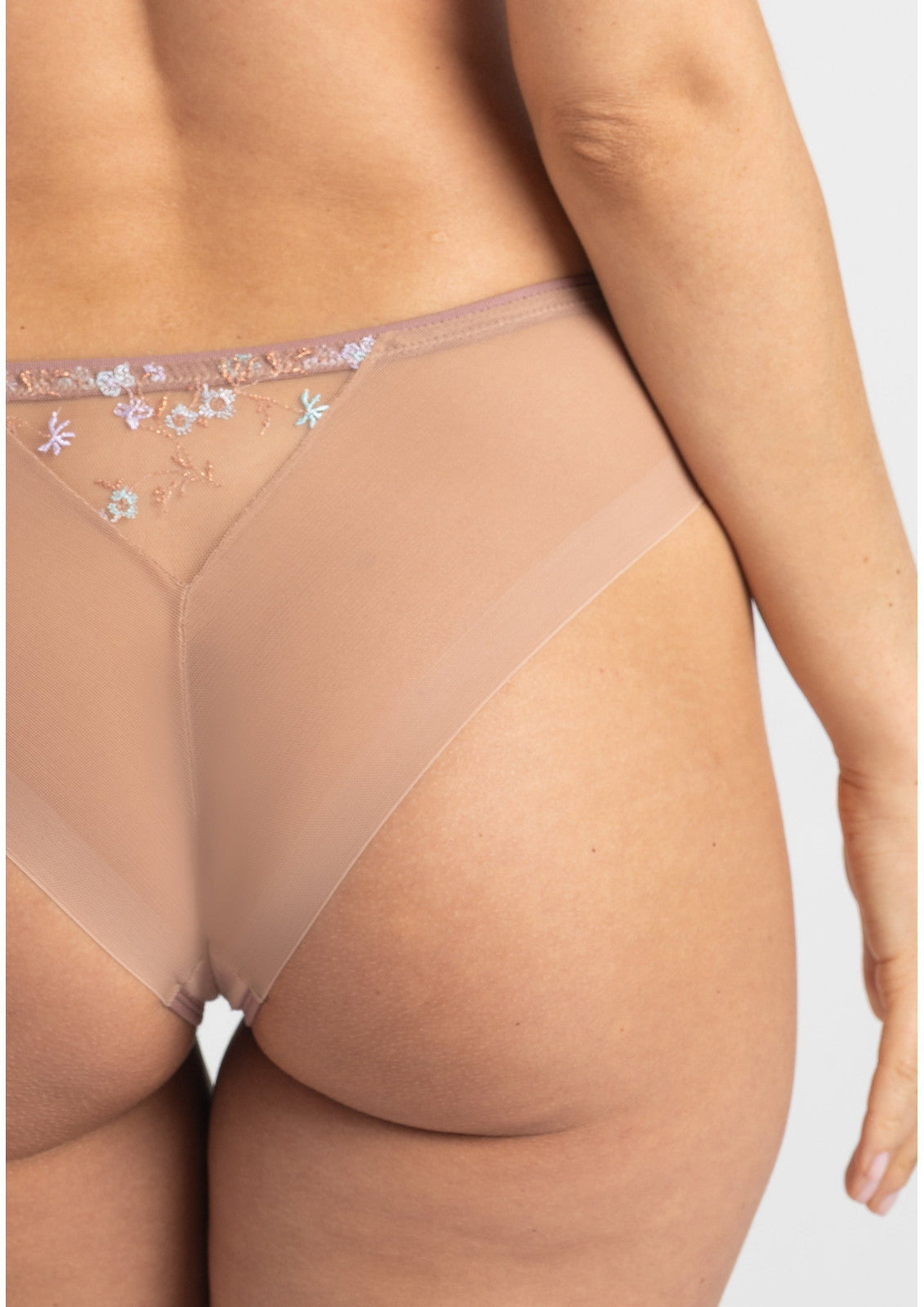 Beige sheer lace thong with delicate floral embroidery along the waistband shown from the back in margaret figs brazilian style