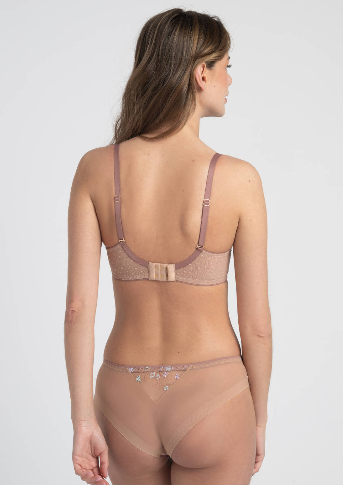 Delicate mauve lace bra with thin straps and matching floral embroidered sheer mesh panties from margaret figs brazilian collection