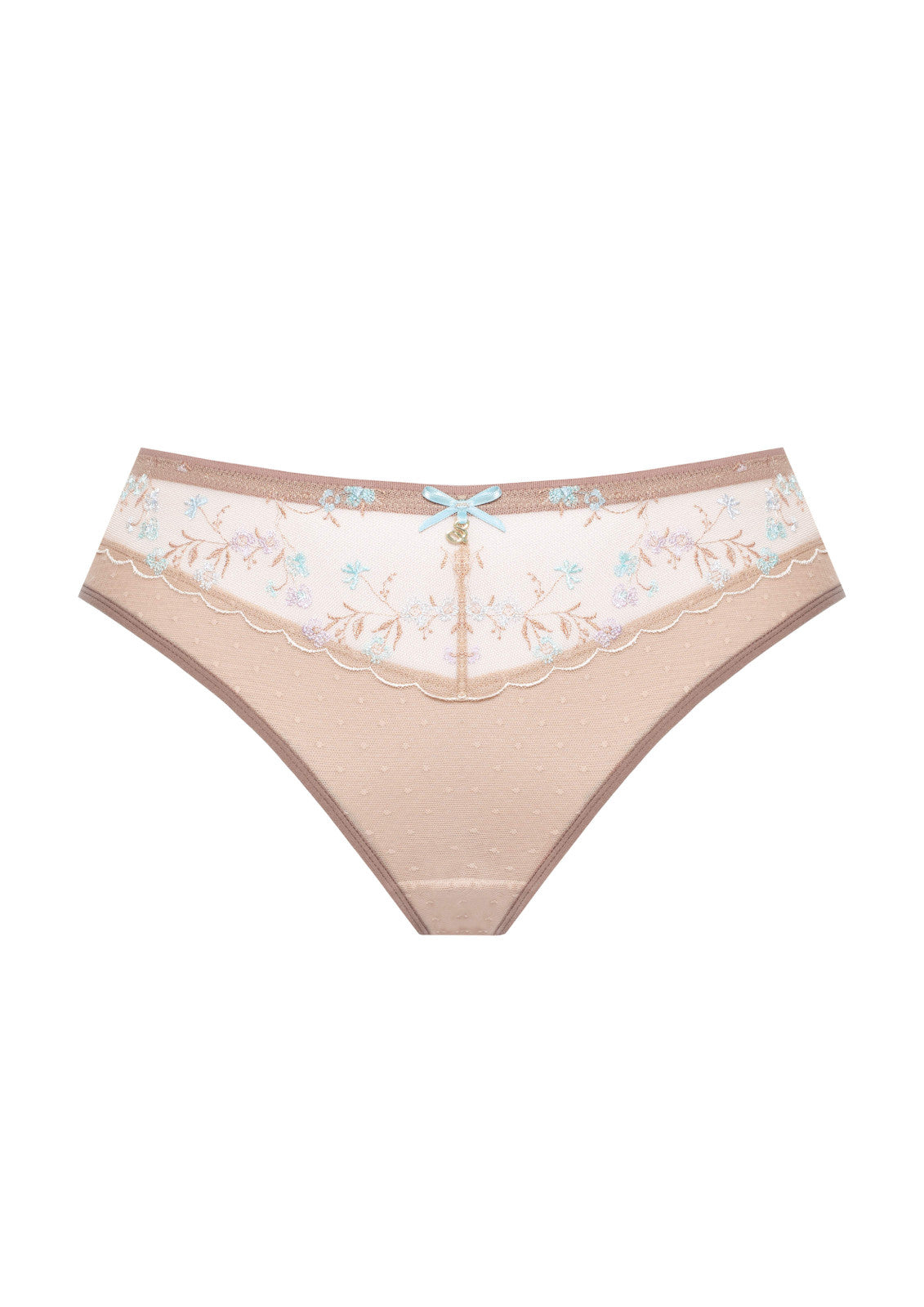 Beige lace-trimmed Margaret Figs Brazilian briefs with delicate floral embroidery and a light blue bow at the center