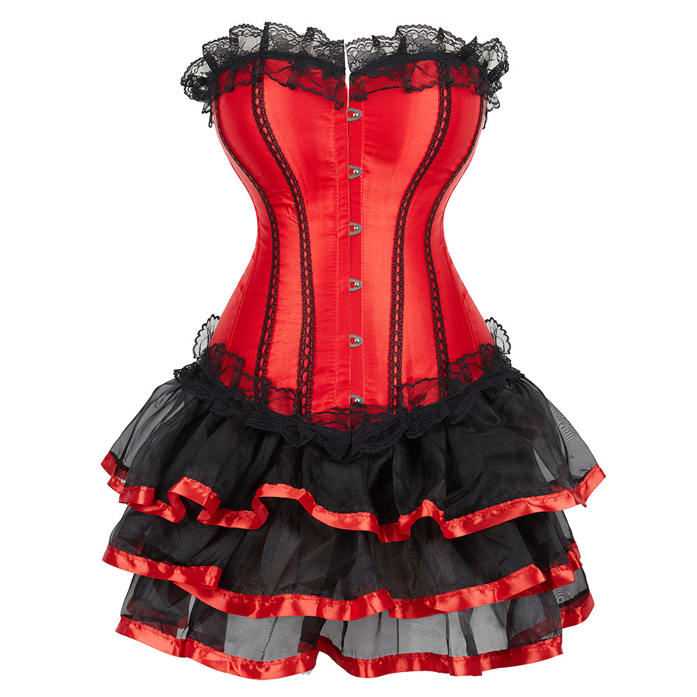 Red satin burlesque tutu corset with black lace trim and tiered black mesh skirt accented by red ribbon