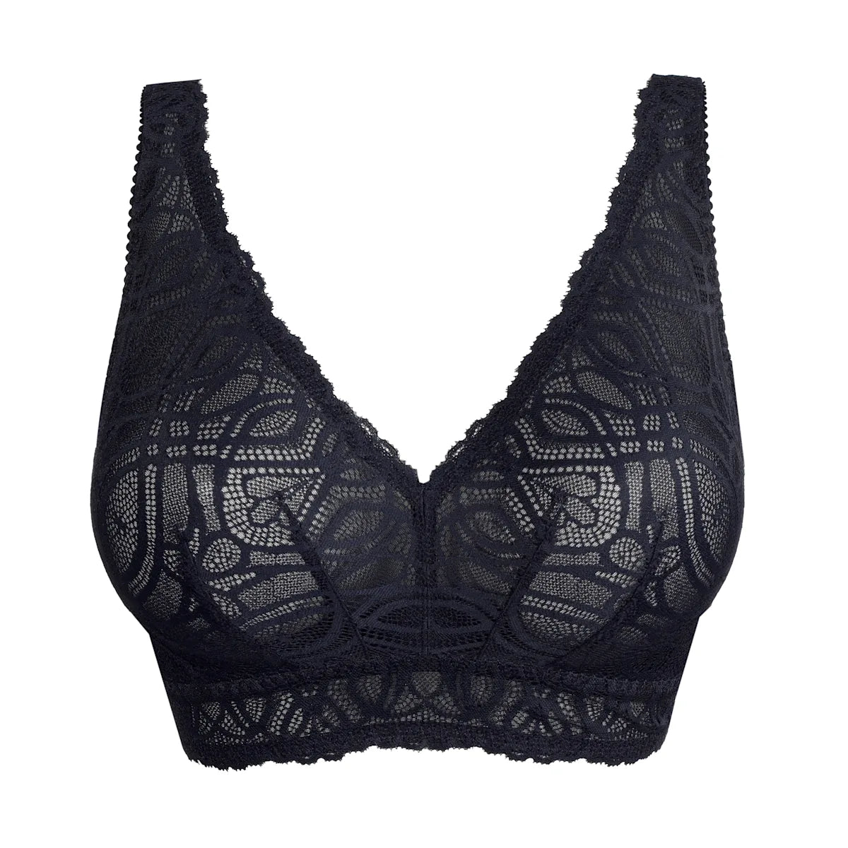 Salerno full cup bra black lace with intricate floral patterns and deep v-neckline for elegant support
