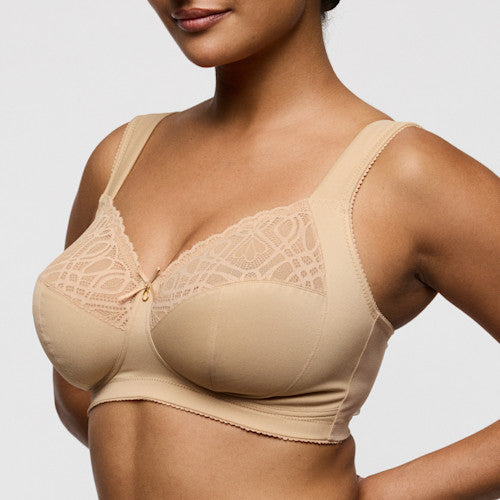 Beige lace-trimmed Salerno full cup bra with underwire adjustable straps and central bow detail