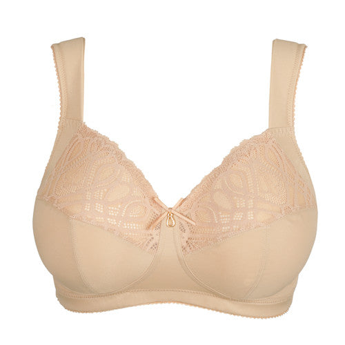 Beige lace-trimmed salerno full cup bra with central bow detail and delicate lace material for comfortable support