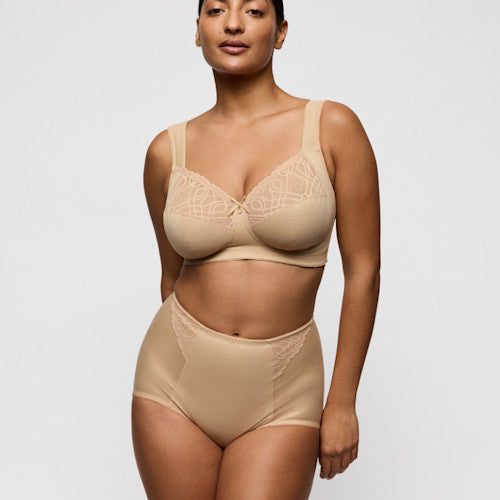 Beige lace-trimmed Salerno full cup bra with underwire and matching high-waisted briefs set in delicate fabric
