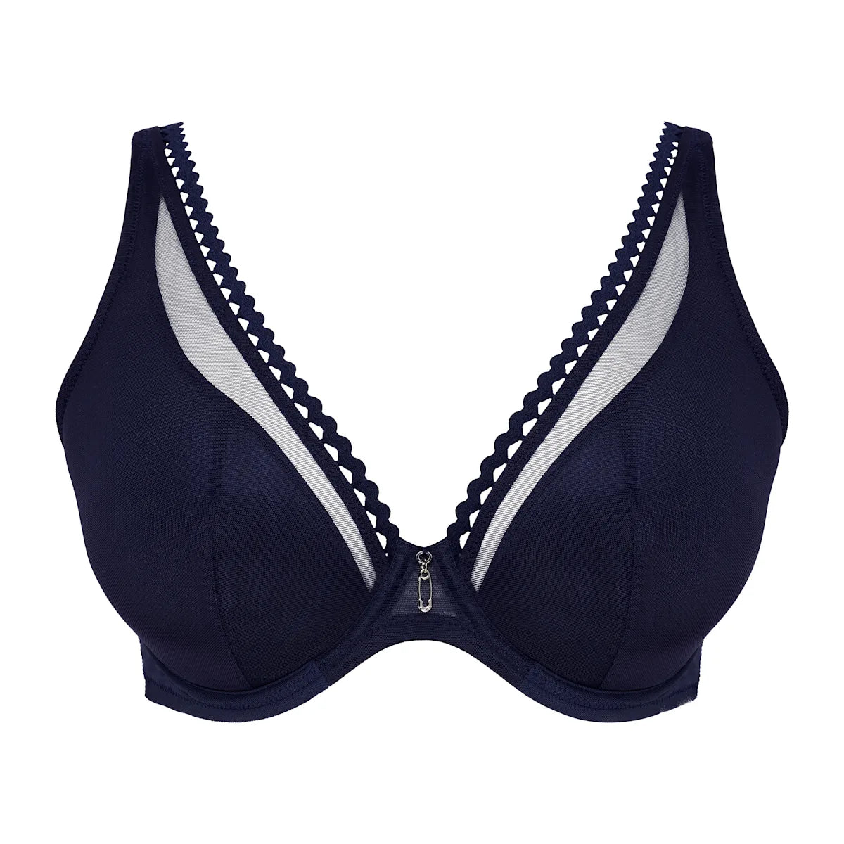 Navy blue Wowgirl underwire bra with white mesh panels and scalloped edge detailing for stylish support