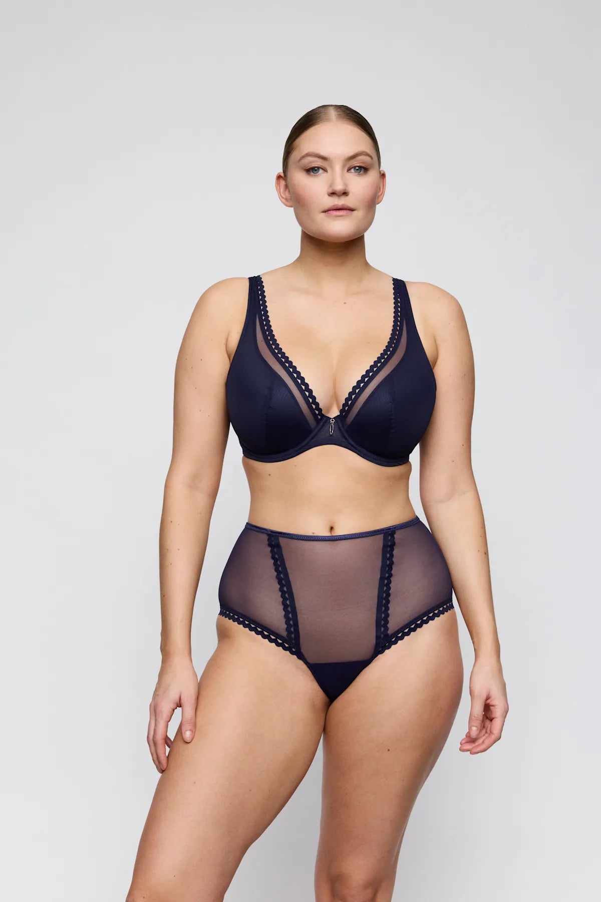 Navy blue sheer mesh bra and high-waisted briefs with black lace trim from wowgirl lingerie set