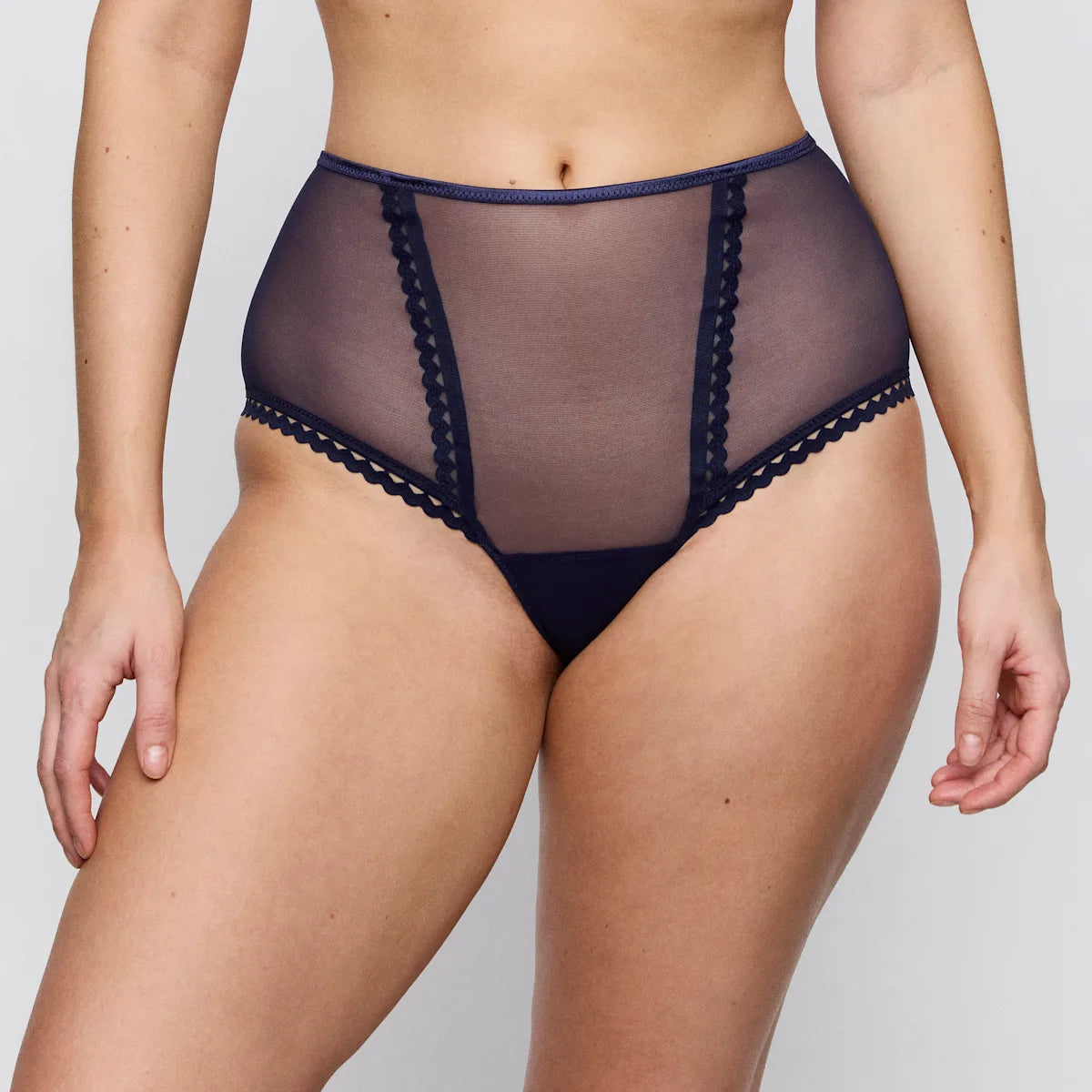 Navy blue wowgirl hotpant high-waisted sheer briefs with lace trim and solid back panel shown from the back side