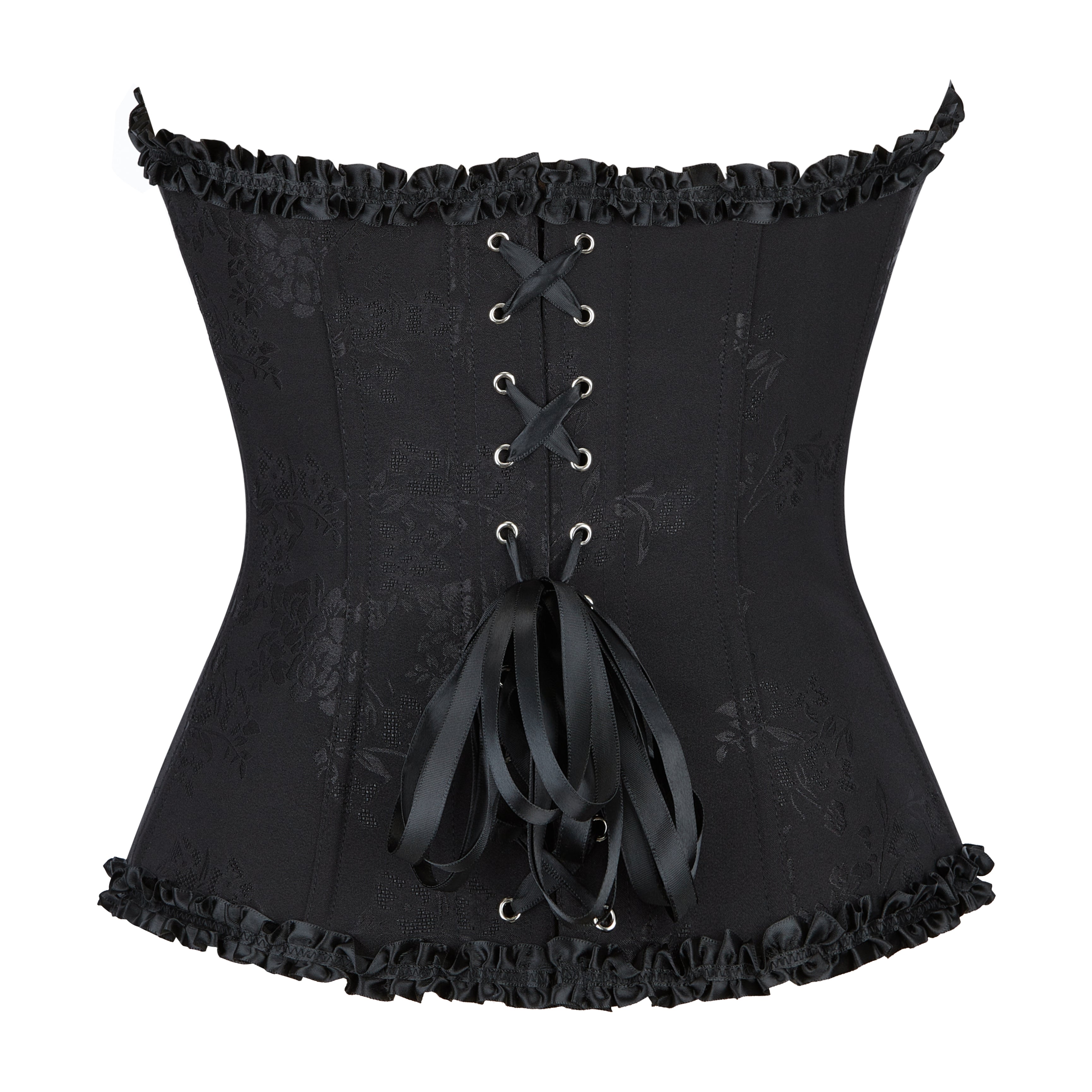 Black floral corset with ruffled trim and lace-up satin ribbon back detail showcasing intricate embroidery