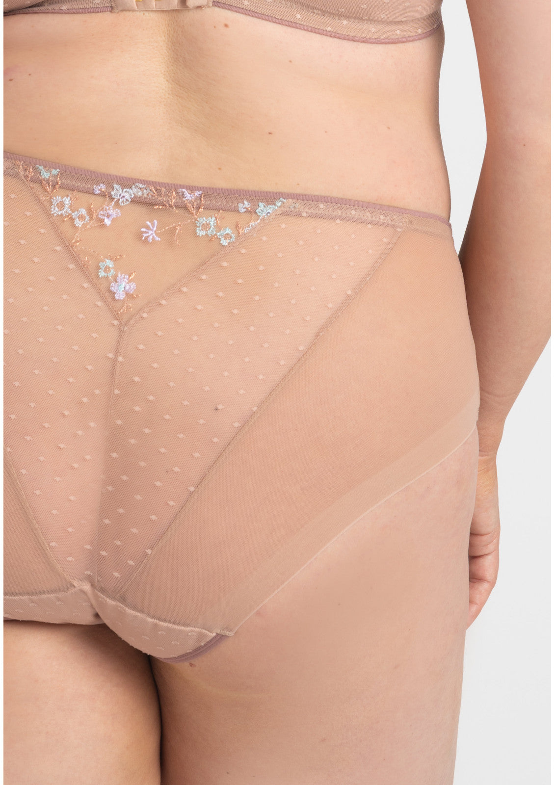 Beige sheer mesh thong with delicate floral embroidery along the waistband from Margaret Figs brief collection
