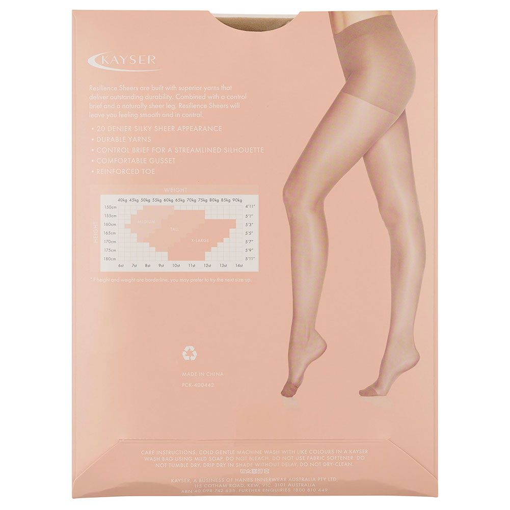 Beige rayser brand resilience control sheers packaging featuring a model’s legs showcasing sheer hosiery