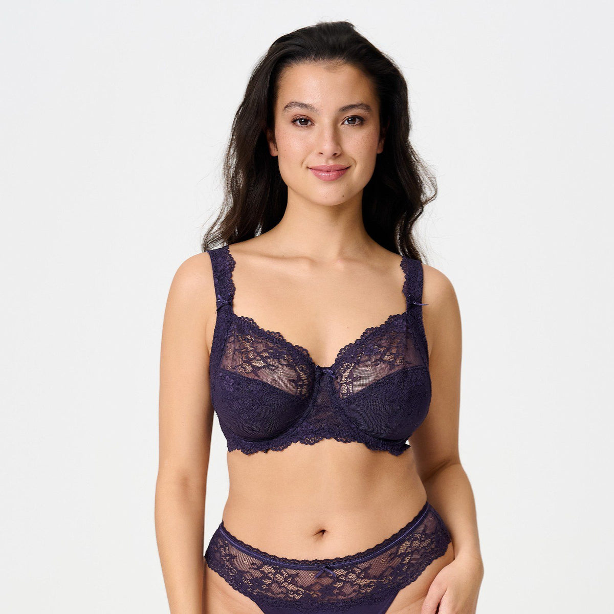 Navy blue daily full coverage lace bra with delicate floral patterns and matching high-waisted panties