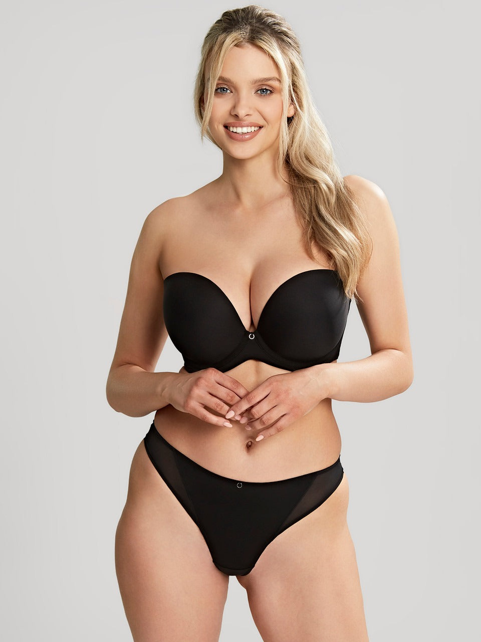 Faith moulded strapless bra in black with smooth seamless design and subtle center clasp for comfortable support