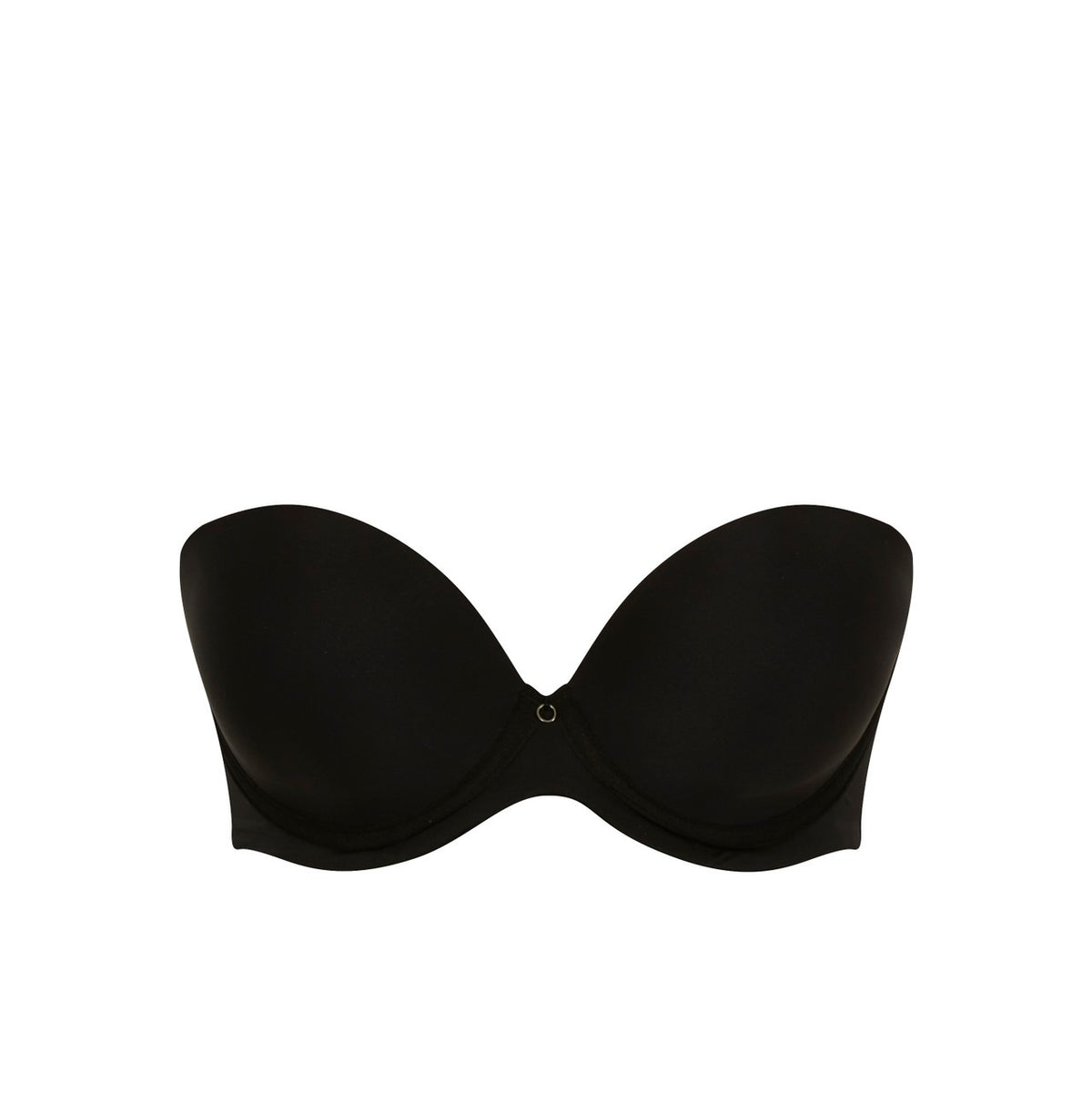 Faith moulded strapless bra in black with smooth seamless design and small metallic clasp at center front