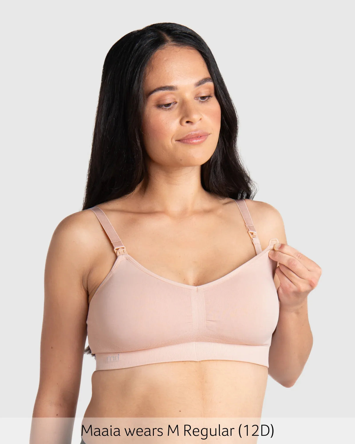 My Necessity seamless nursing bra in soft blush pink with ribbed band and adjustable straps for comfortable nursing