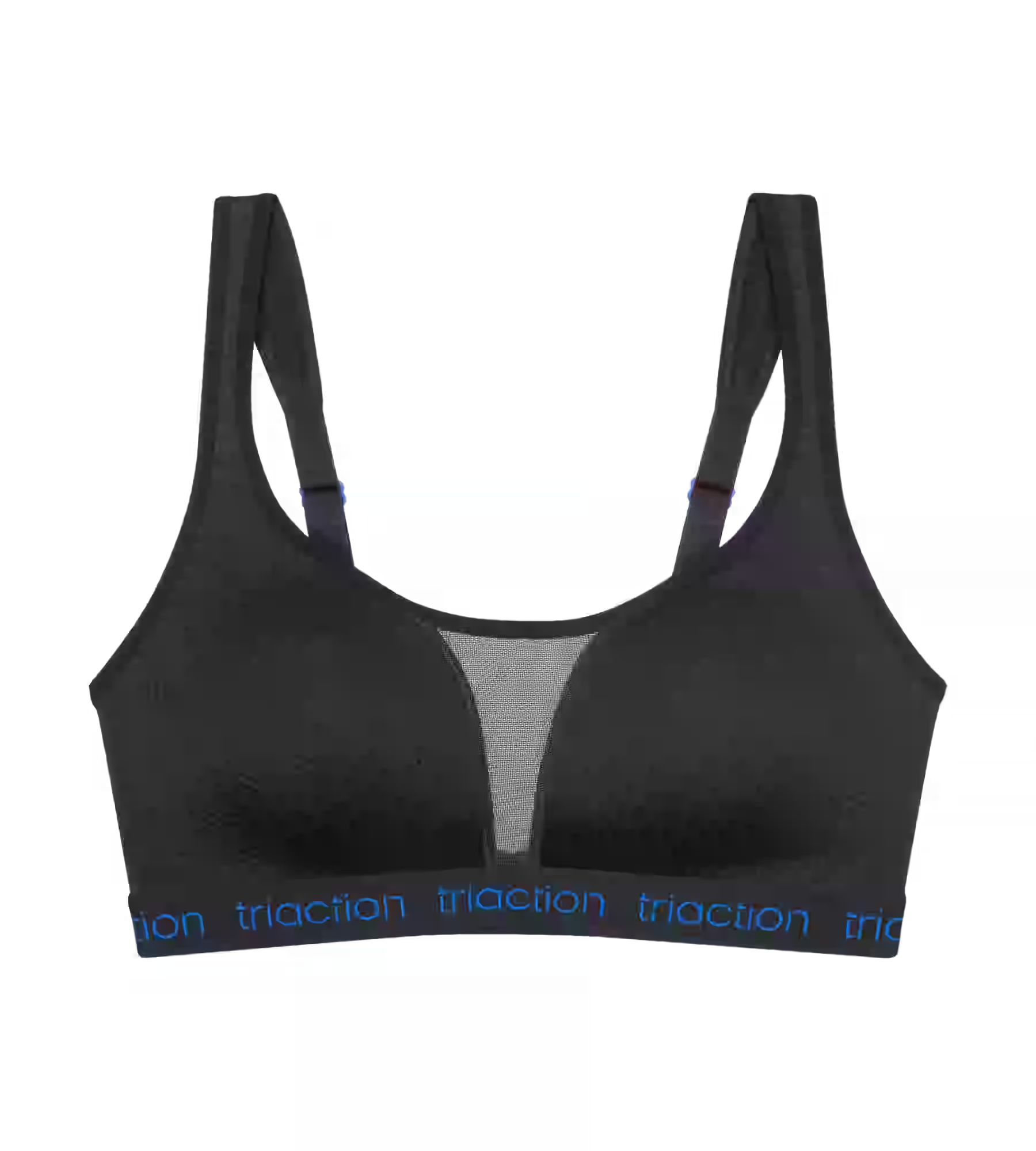 Black Triaction Energy Lite P EX sports bra with mesh panel and blue traction band
