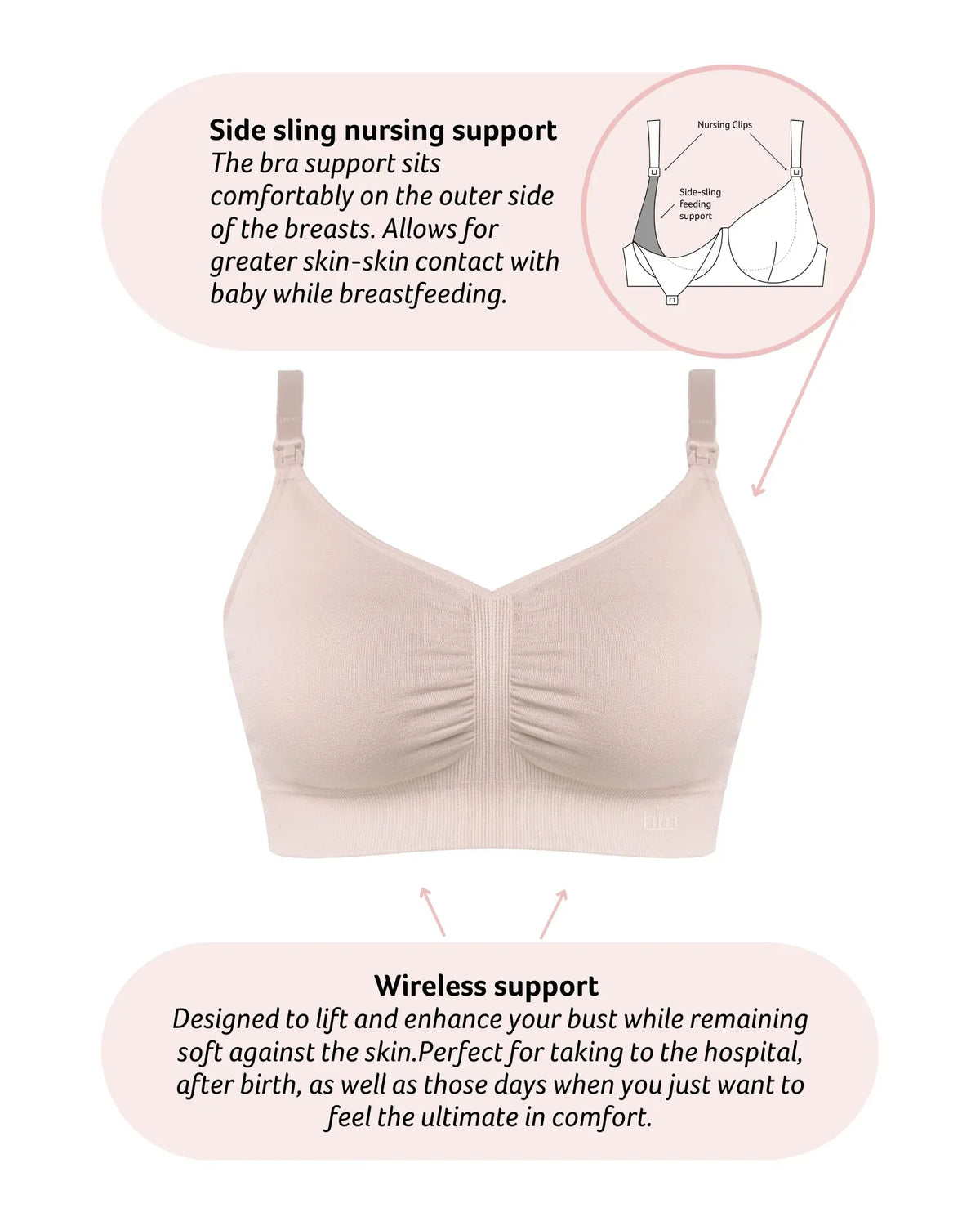 Beige my necessity seamless nursing bra with side sling support and soft skin-friendly fabric for breastfeeding