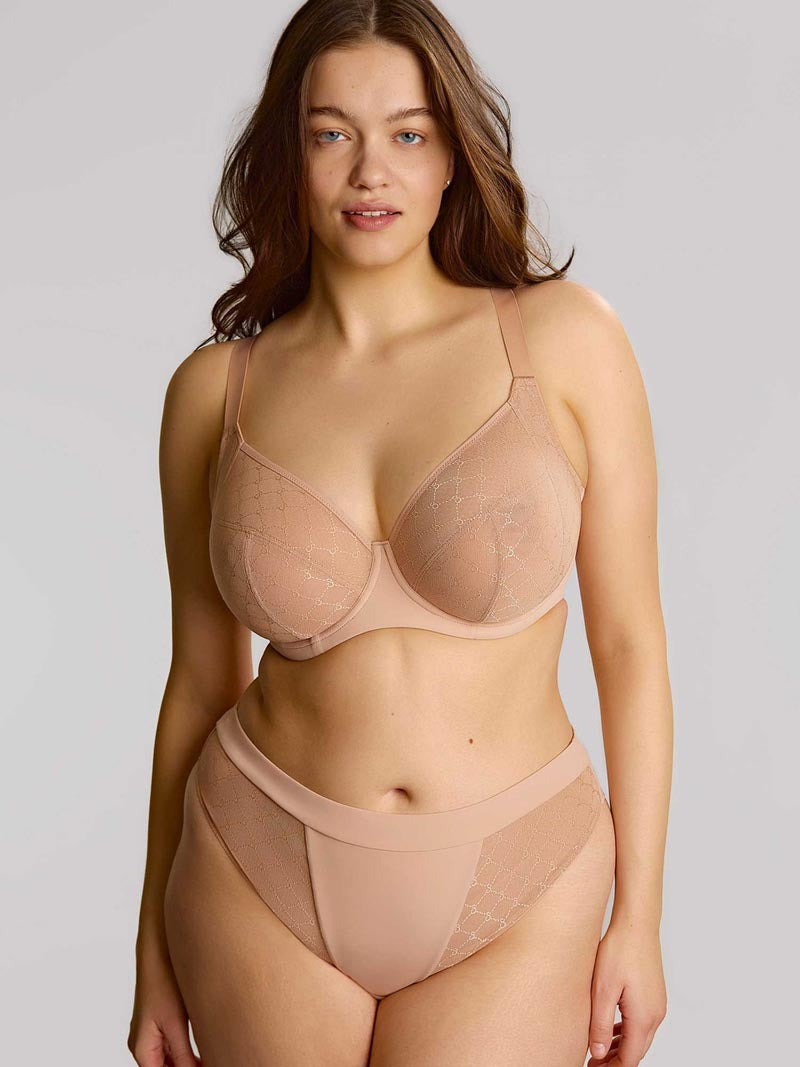 Beige lace-trimmed muse plunge bra and matching high-waisted briefs set in soft fabric for comfortable wear