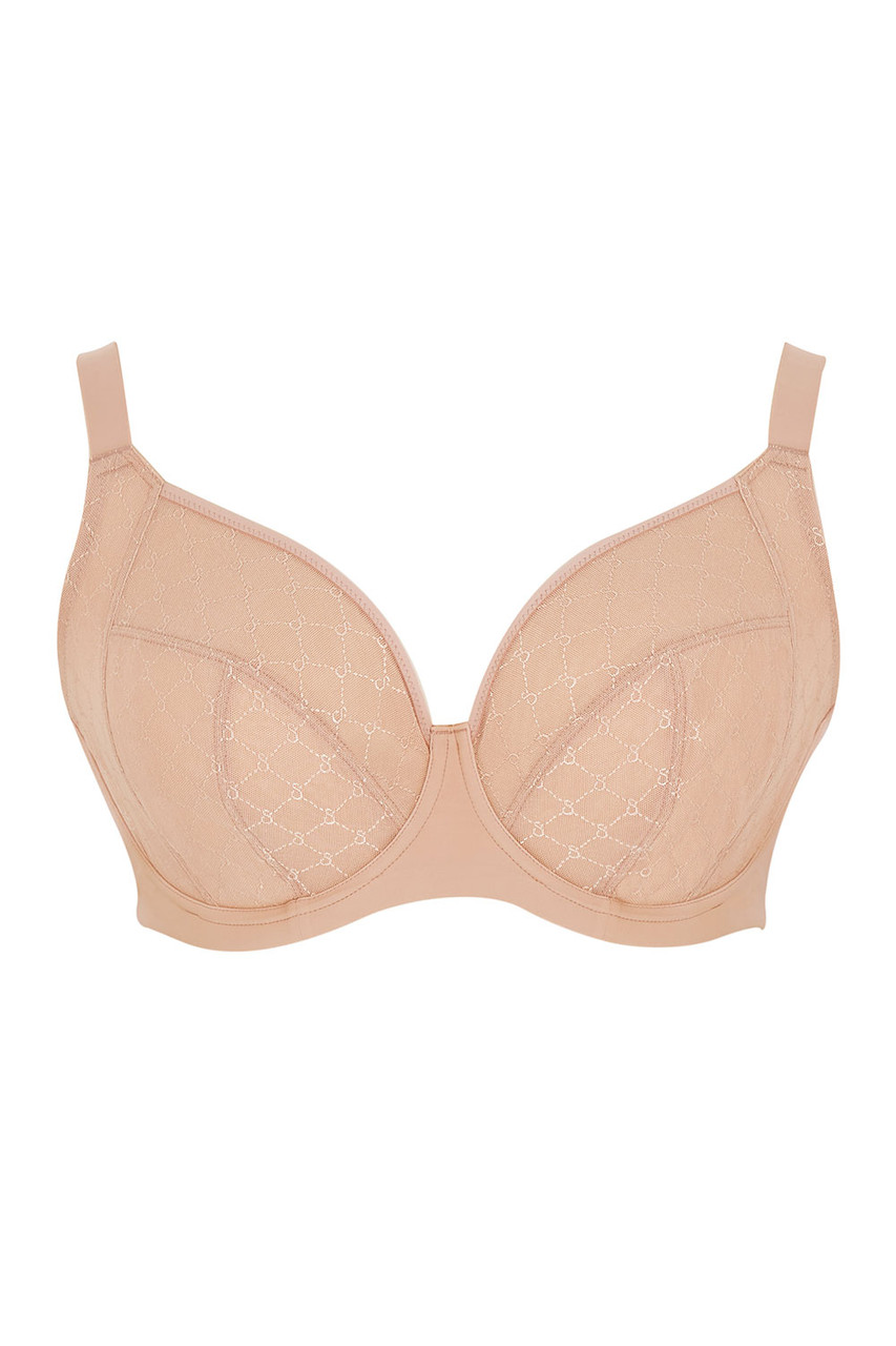 Beige lace muse plunge bra with subtle diamond pattern and adjustable straps for comfortable support