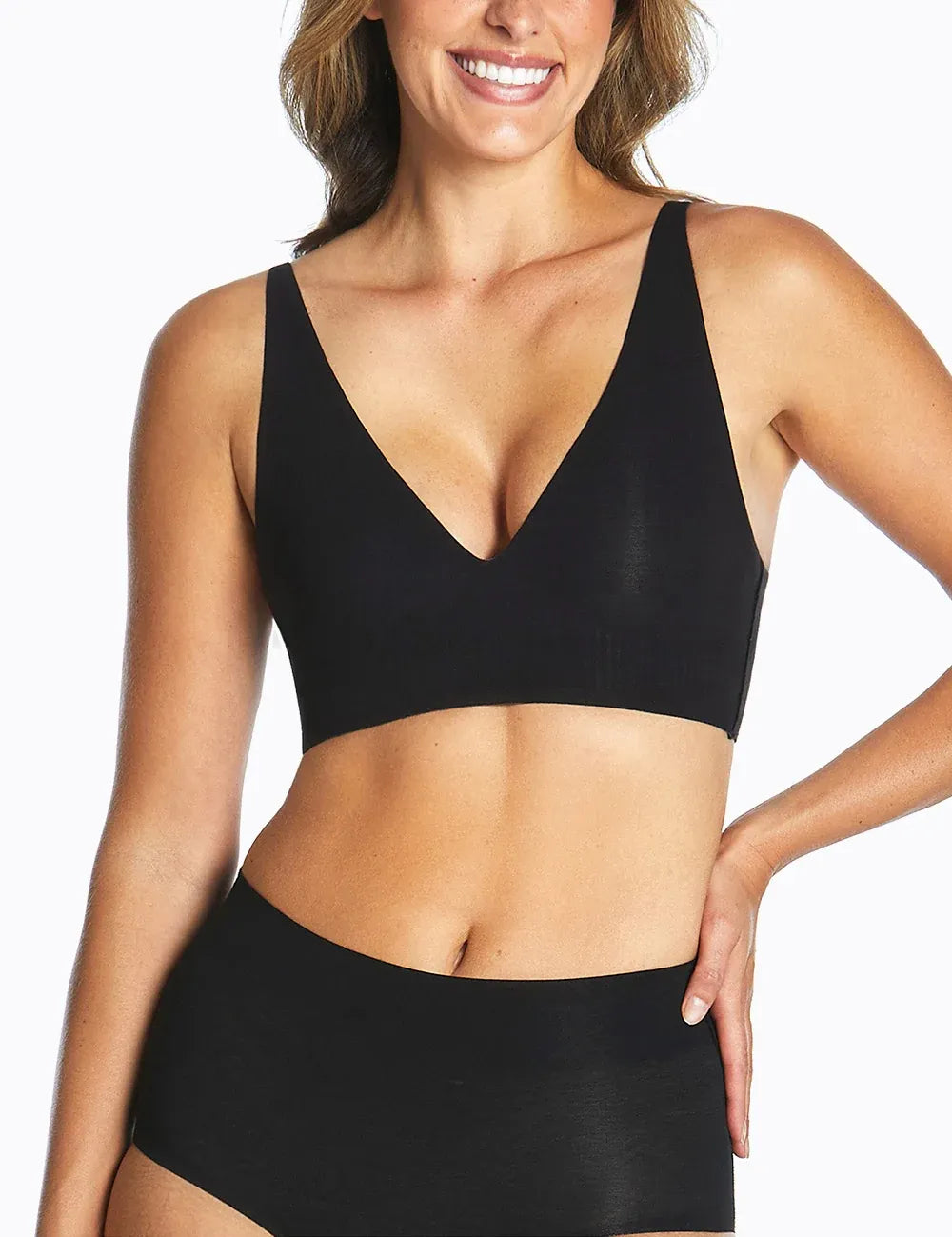 Black seamless thinvisible cotton longline bra with underwire free v-neckline and thin straps