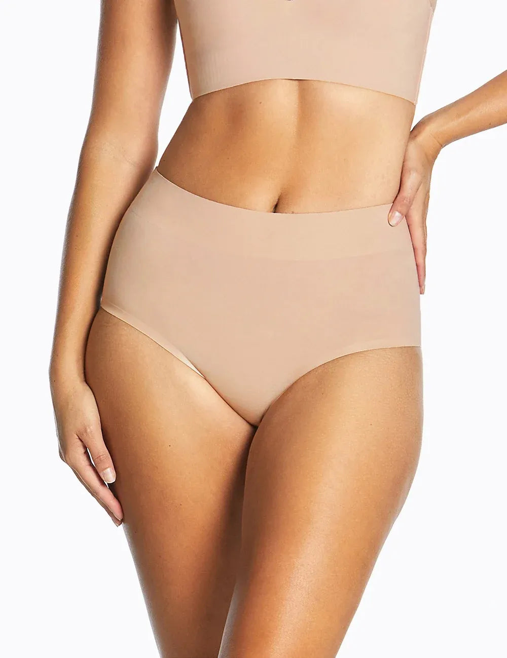 Beige high waisted seamless underwear with smooth stretchy cotton fabric in thinvisible cotton waisted brief design