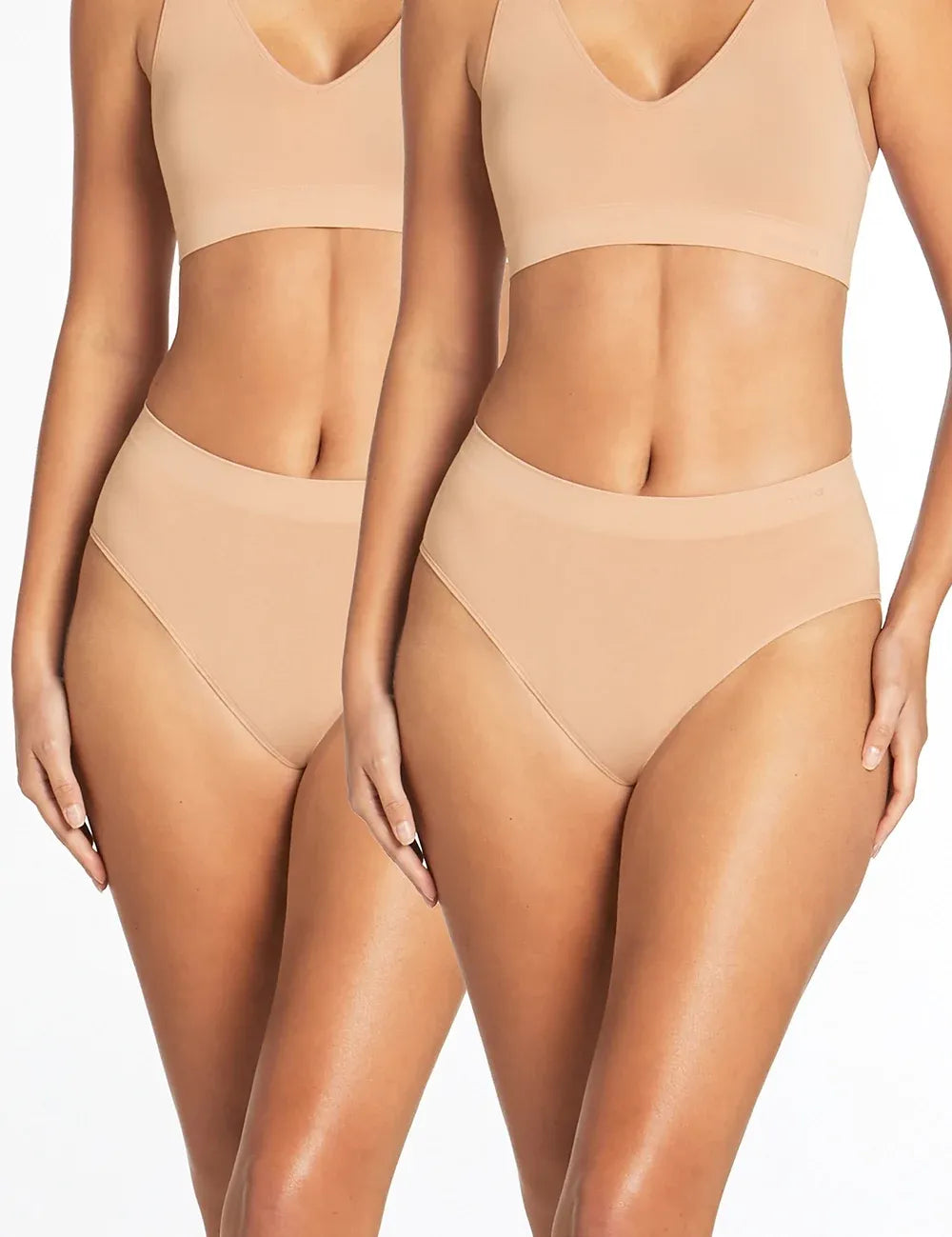 Beige seamless high-waisted purebasics midi briefs with smooth stretchy fabric and flattering v-neckline top