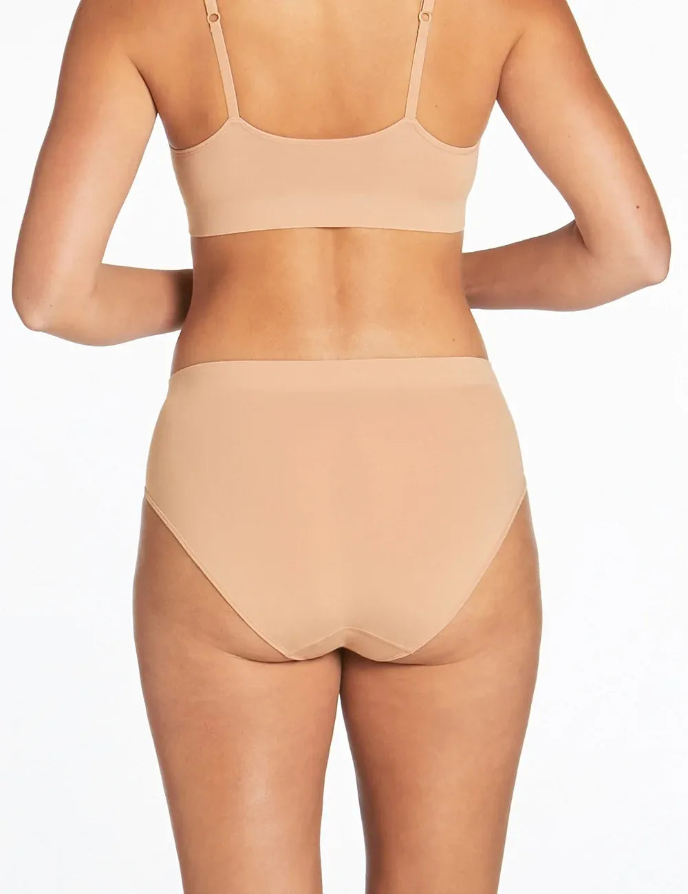 Beige seamless bra and matching high waisted briefs set made from soft fabric in purebasics midi brief 2 pack