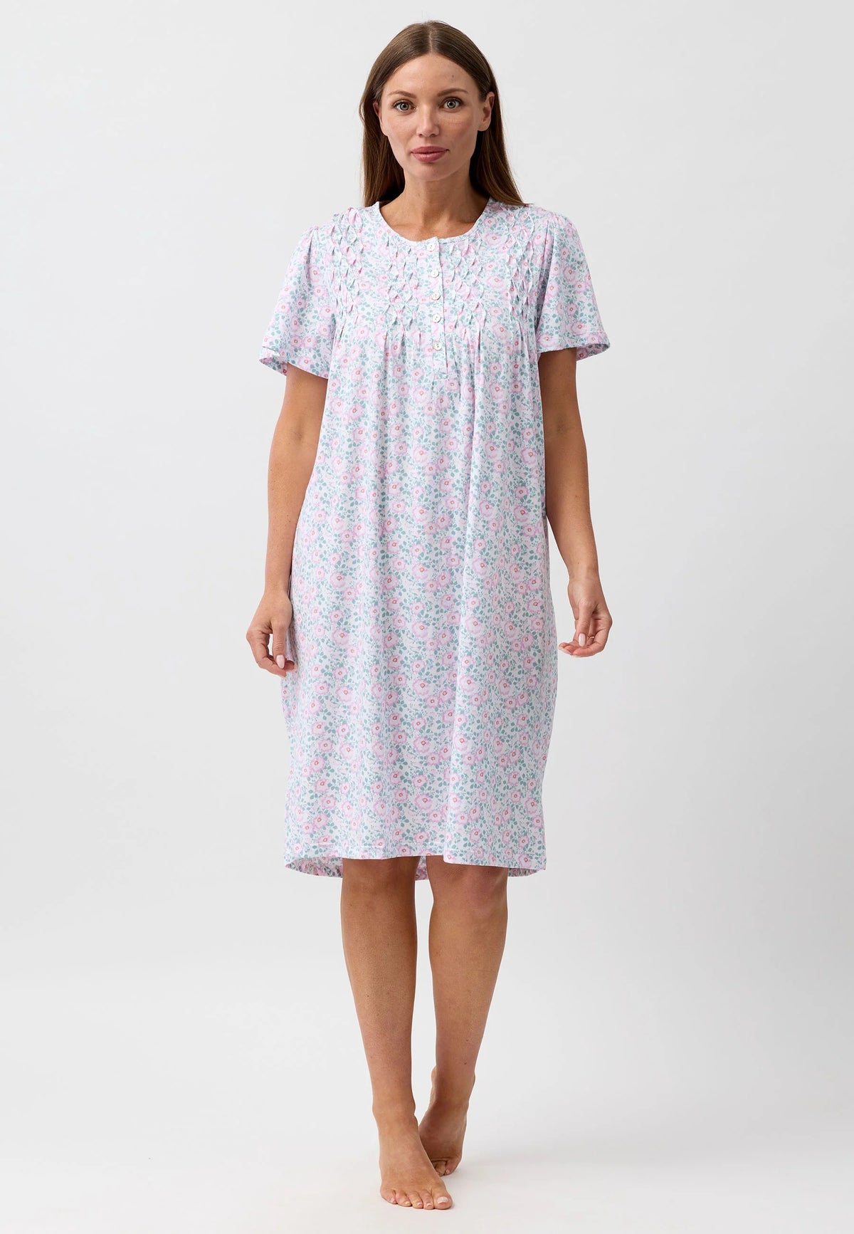 Camellia short sleeve nightie soft light lavender nightgown with delicate pastel floral pattern and gathered neckline