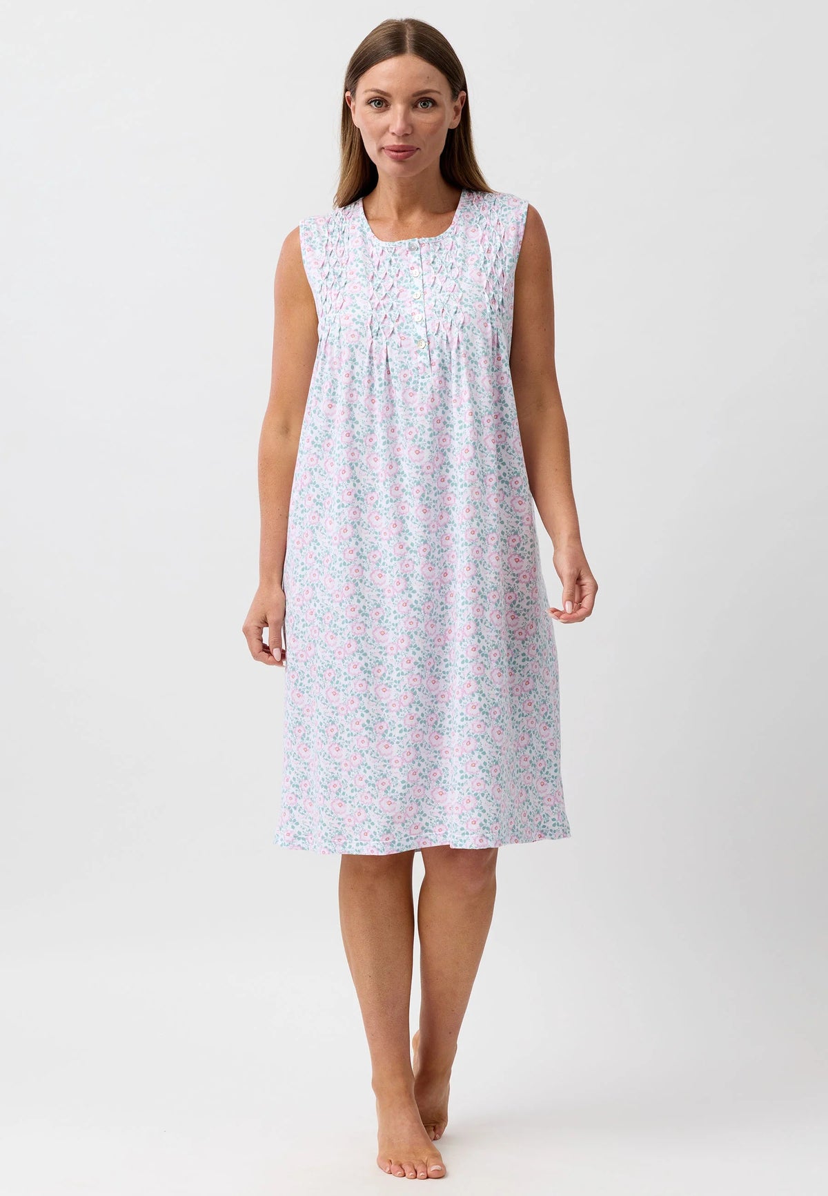 Camellia sleeveless nightie soft light lavender nightgown with delicate pink and blue floral patterns