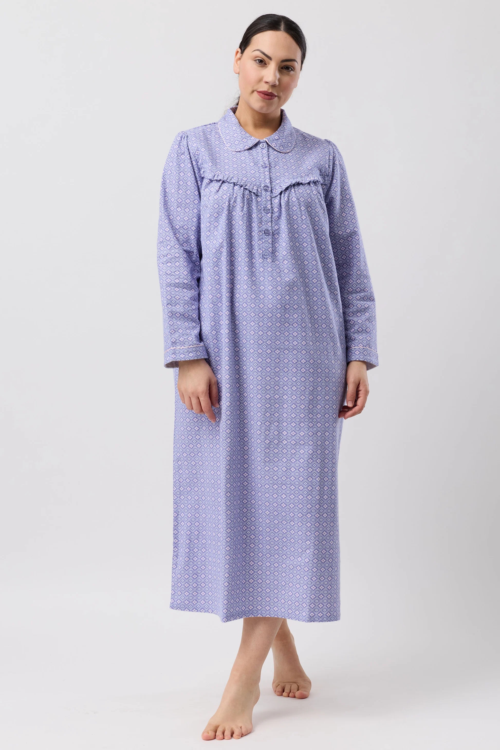 Fleur De Lys Collar Nightie in lavender with geometric pattern, long sleeves