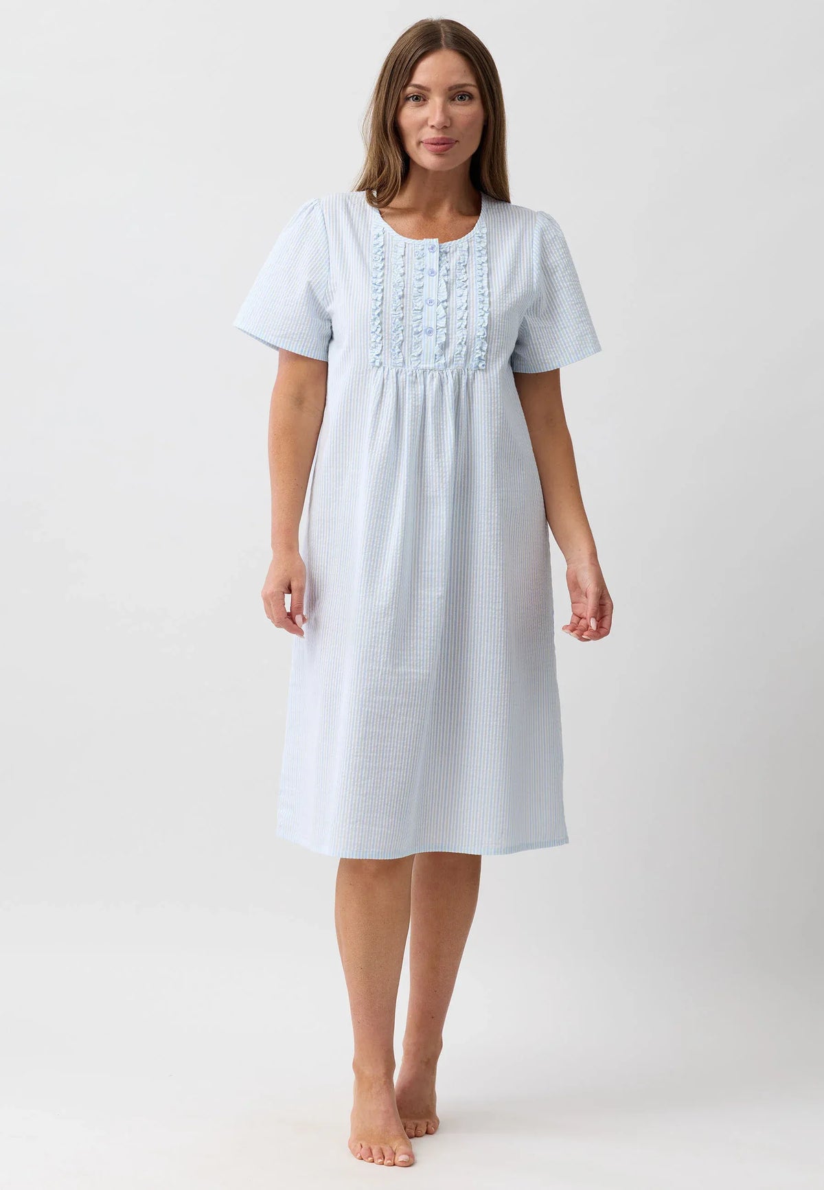 Light blue and white striped cotton nightie with short puffed sleeves and ruffled neckline detailing