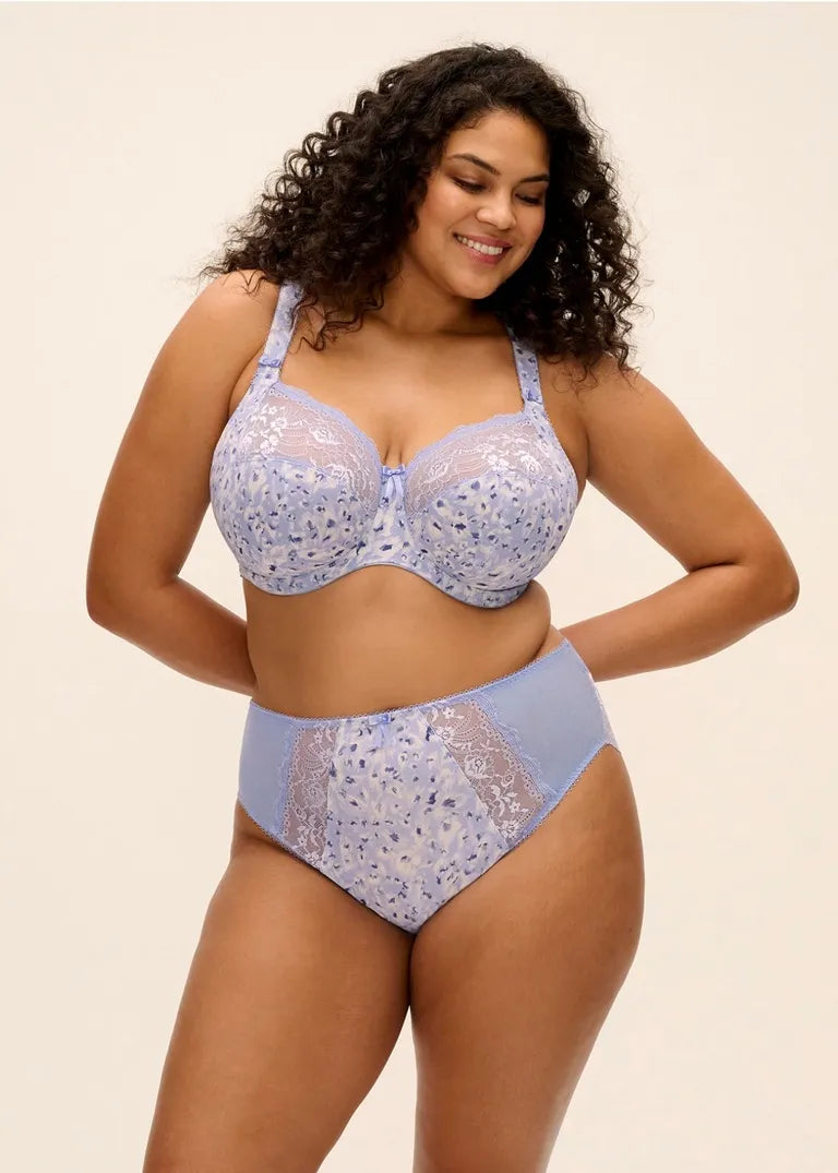 Light purple lace bra and matching high leg panties with delicate floral pattern from the morgan collection