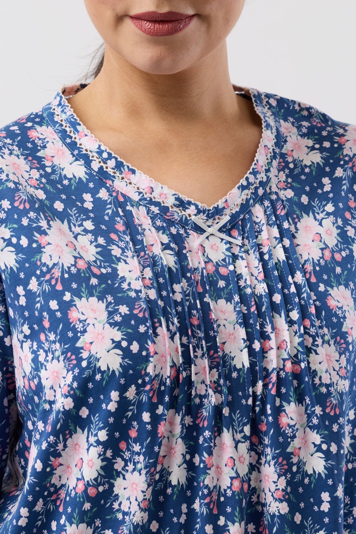 Bouquet crochet nightie navy blue floral print blouse with delicate pink white blossoms v-neckline lace trim front pleats