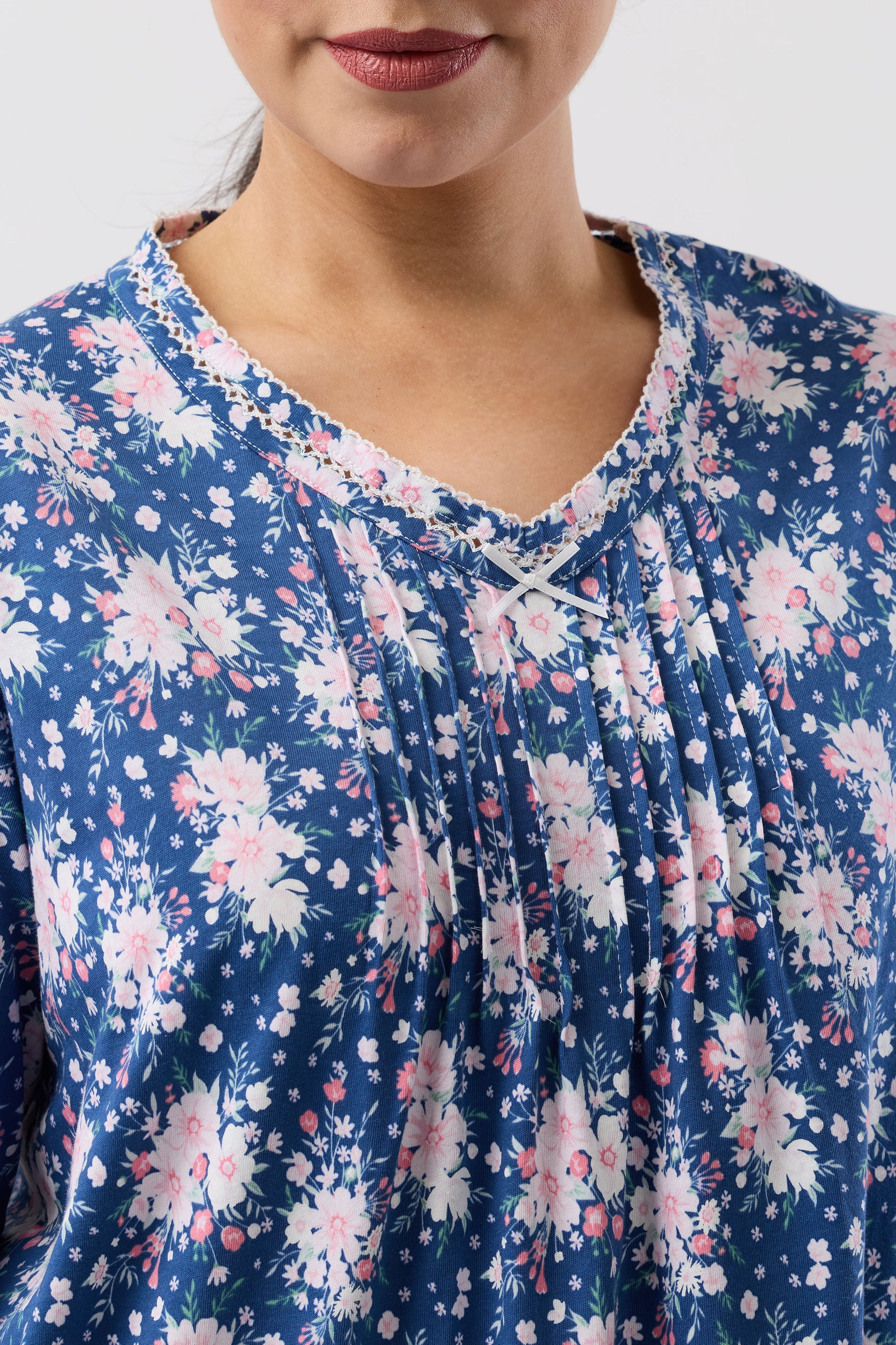 Blue floral print Bouquet Crochet Nightie with lace trim and v-neckline
