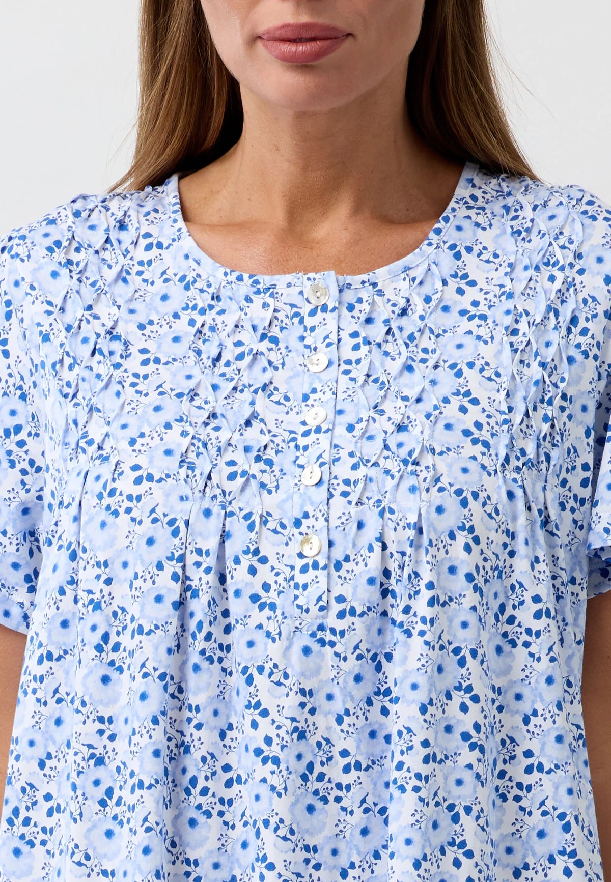 Light blue floral print camellia short sleeve nightie with delicate ruched detailing and white buttons
