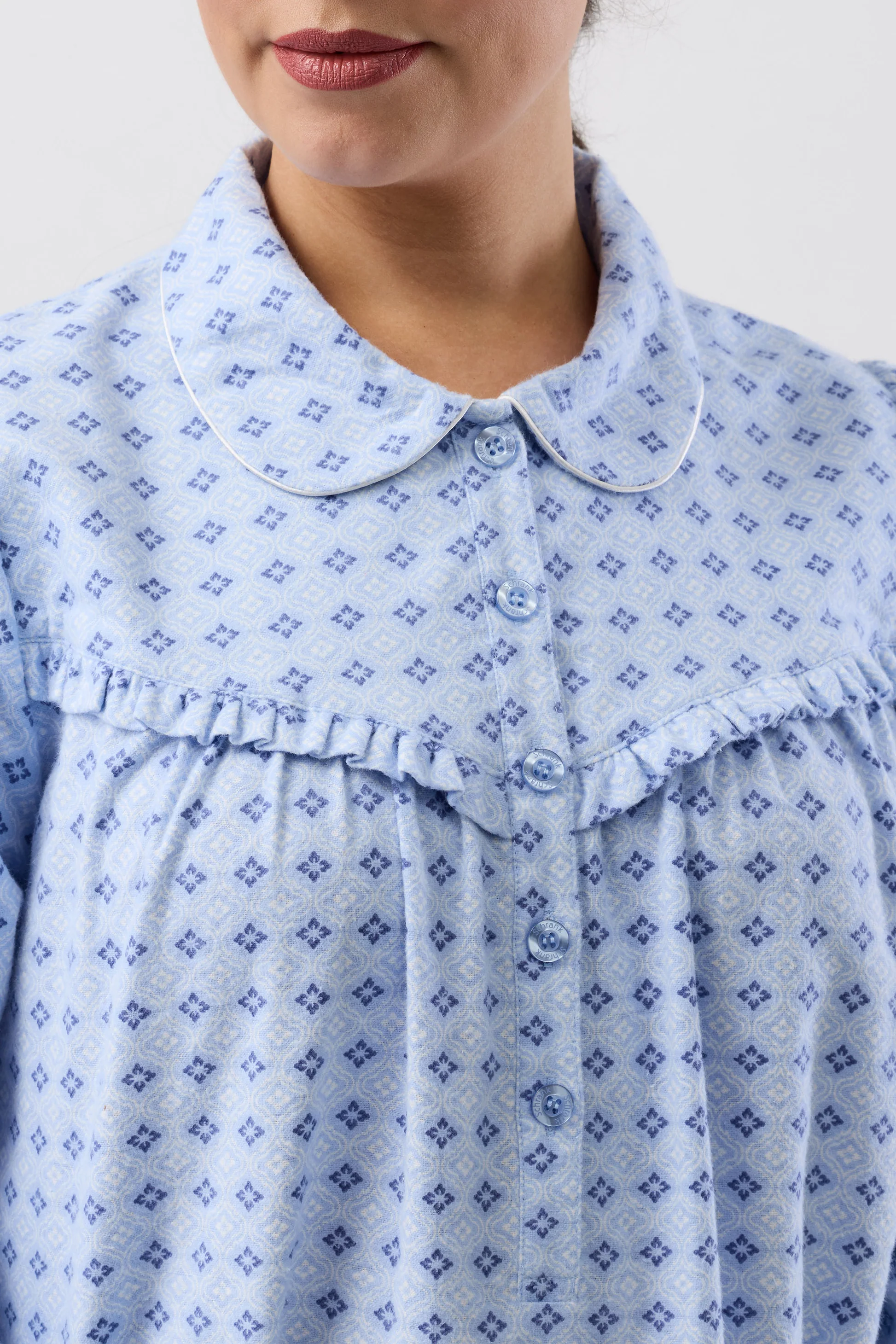 Fleur De Lys Collar Nightie in light blue with geometric pattern and ruffles