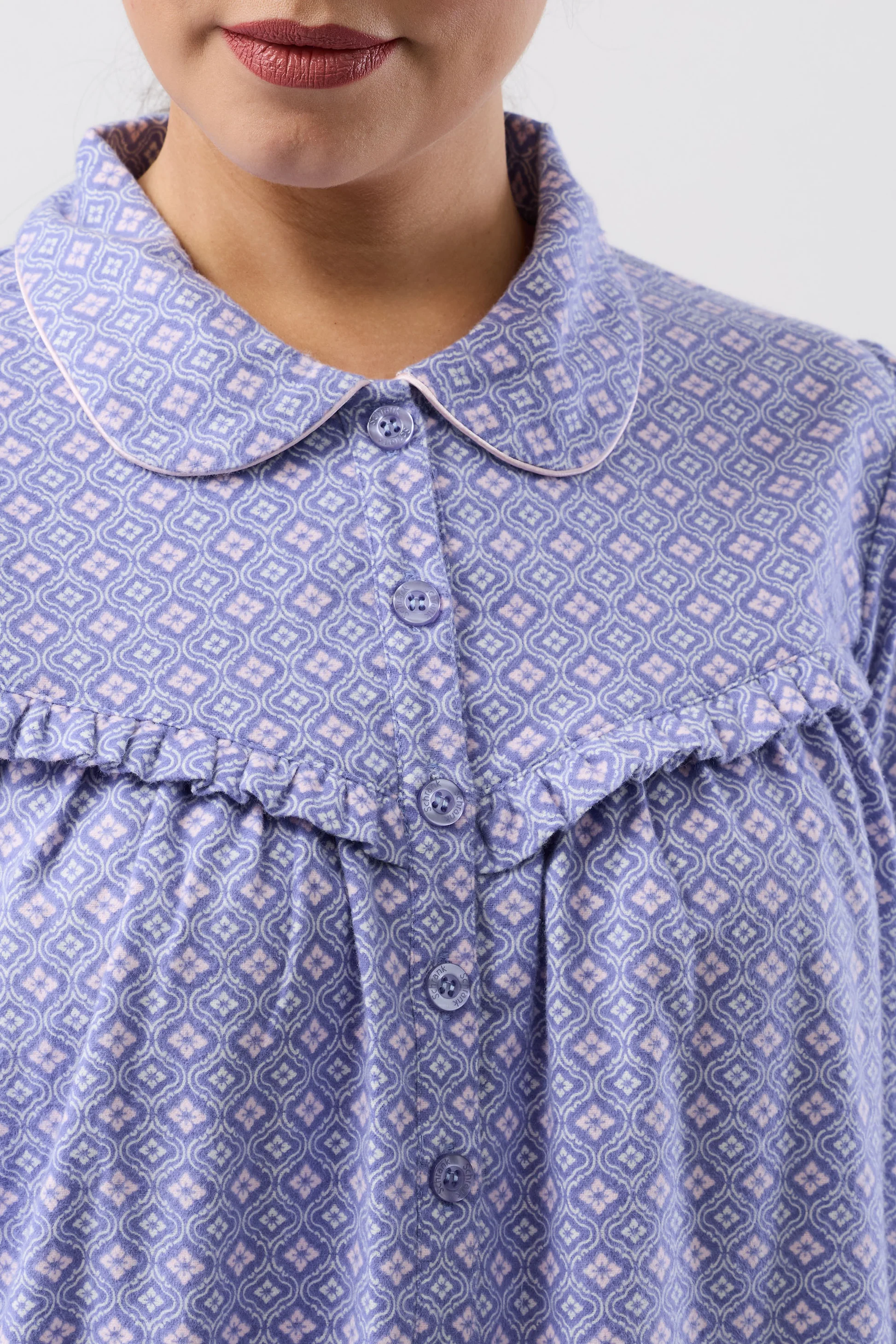 Fleur De Lys Collar Nightie in soft lavender with geometric pattern, Peter Pan collar and buttons
