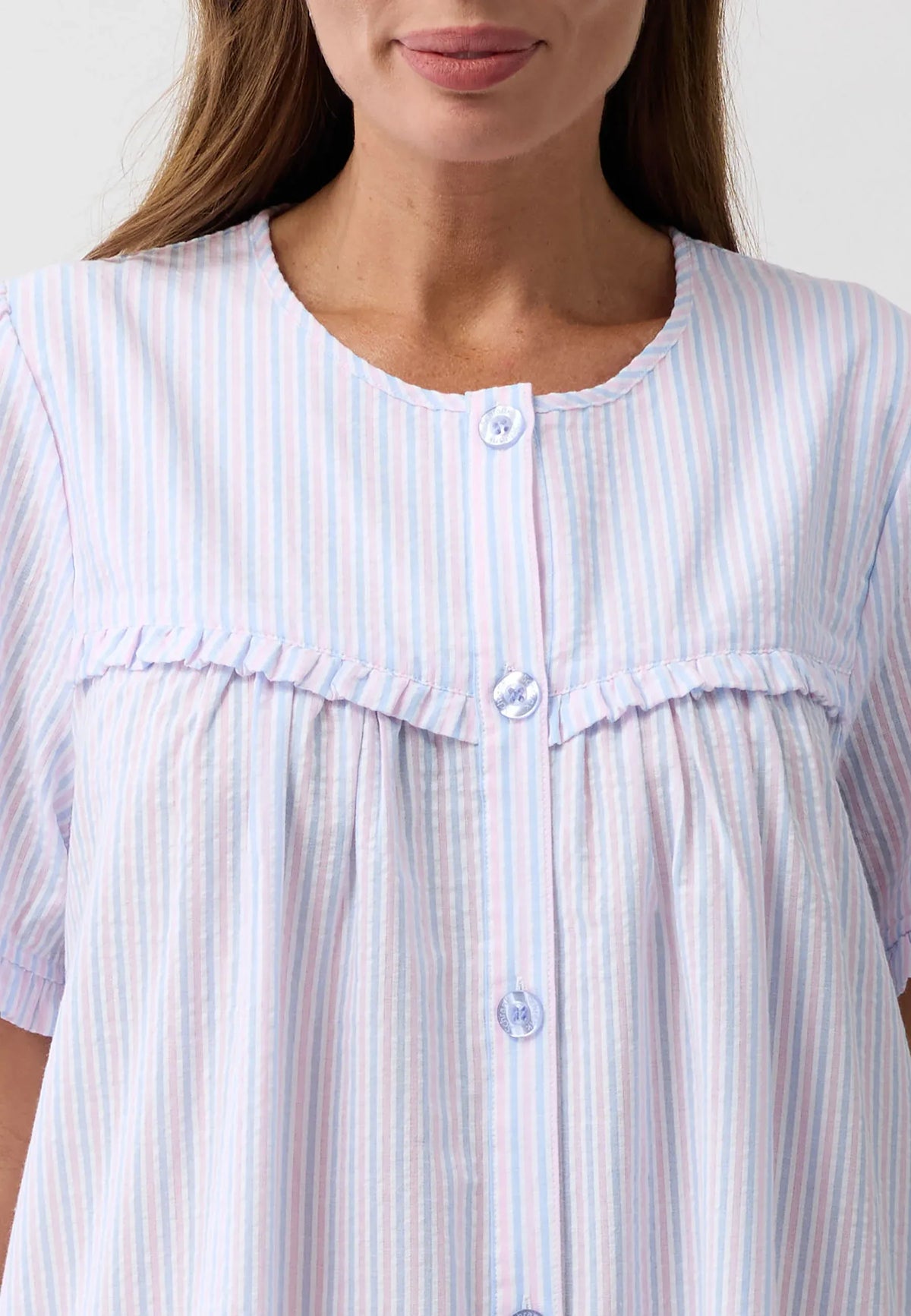 A soft pastel striped short-sleeved nightgown with a ruffled neckline and button-front closure called stripe brunch coat