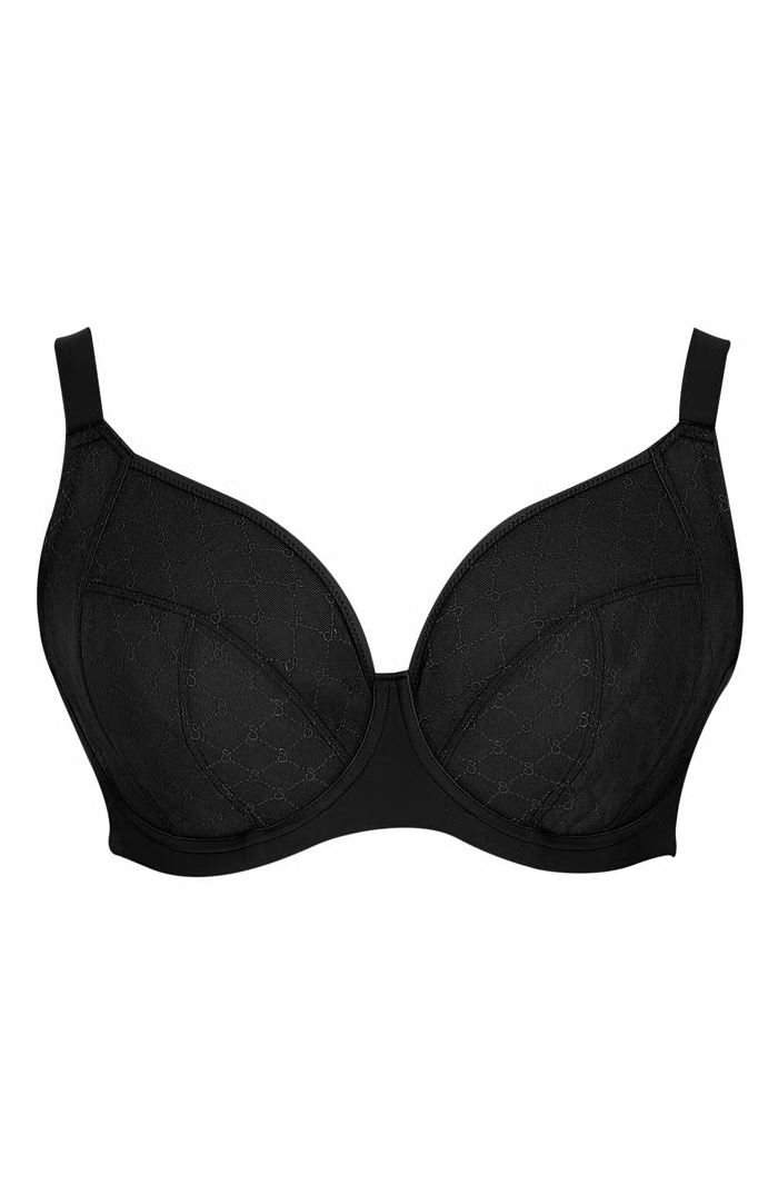 Black lace Muse plunge bra with subtle patterned detailing and adjustable straps front view