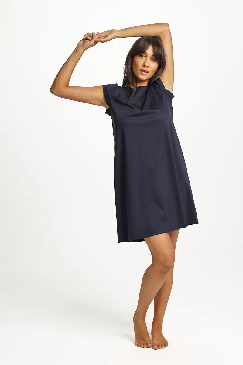 Navy blue supima cotton sleeveless nightie with draped neckline and relaxed fit for comfortable sleepwear
