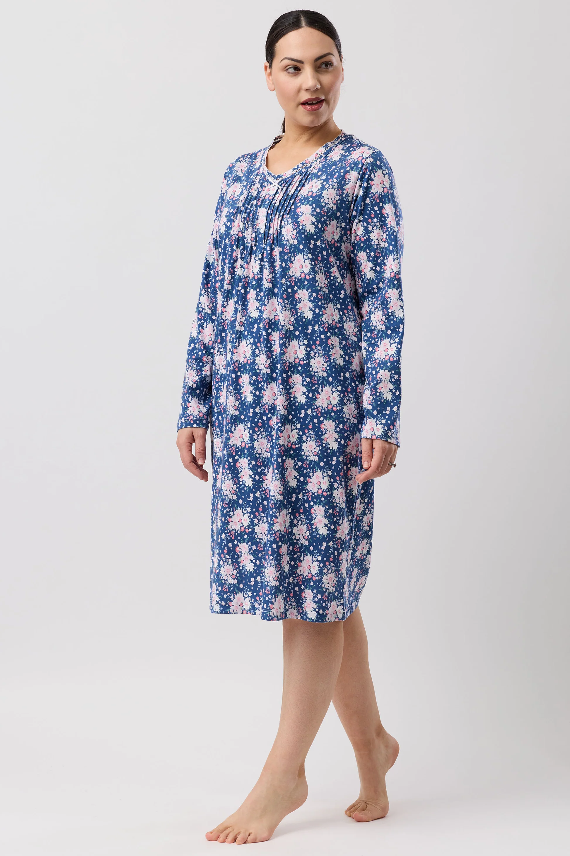 Bouquet Crochet Nightie: navy blue floral long-sleeve V-neck nightgown