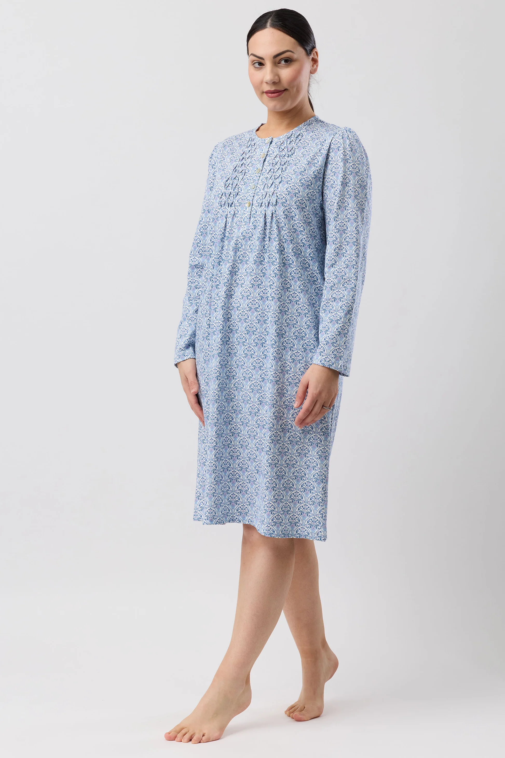 Oriental Smock Nightie: light blue long-sleeve nightgown with white geometric pattern