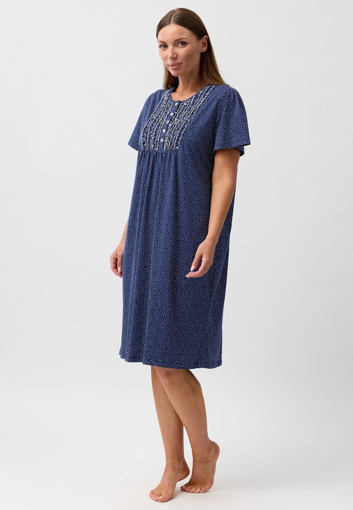 Navy blue confetti short sleeve nightie with subtle pattern and delicate white embroidery across the neckline