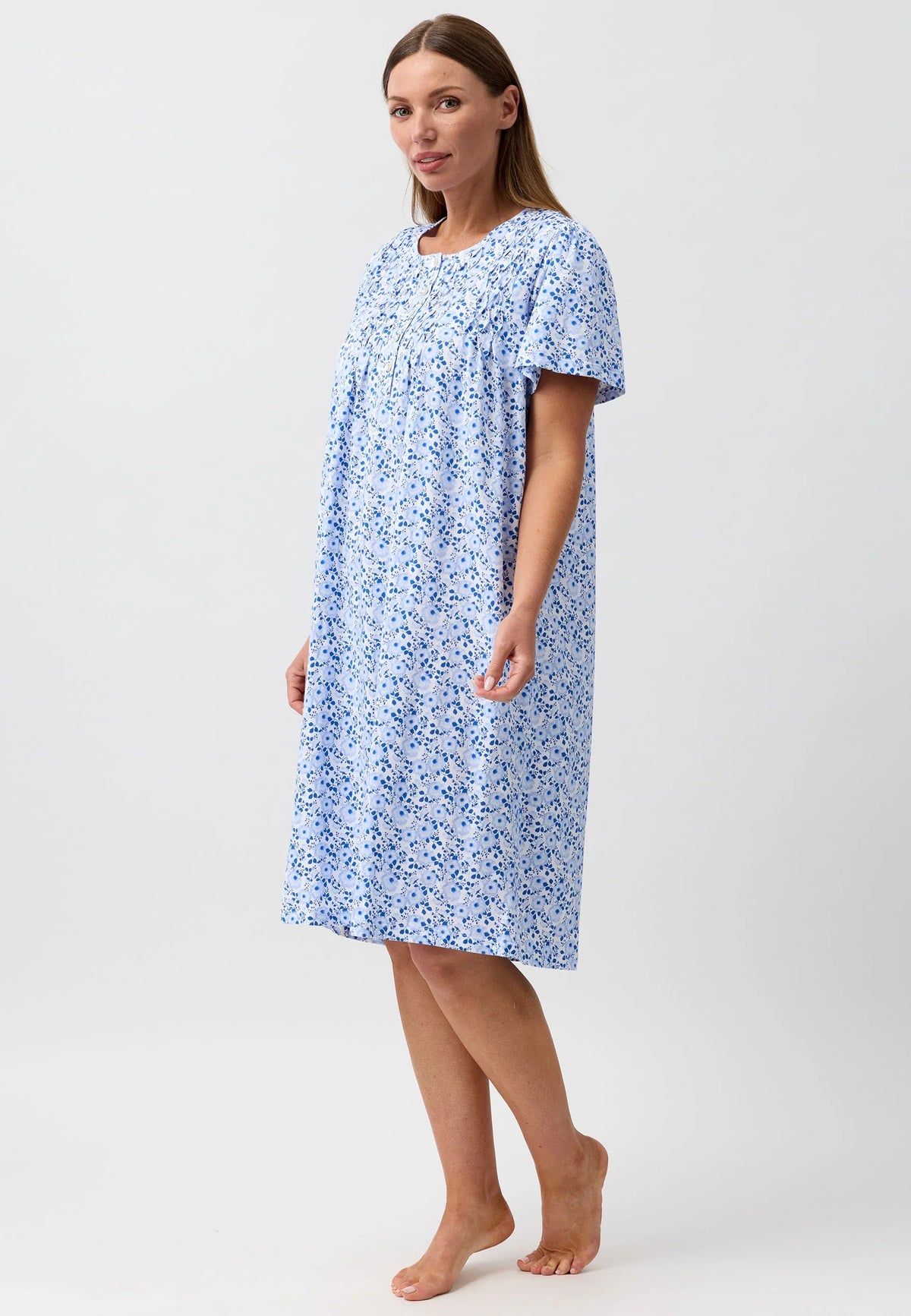 Light blue floral camellia short sleeve nightie with gathered neckline perfect for comfortable sleepwear