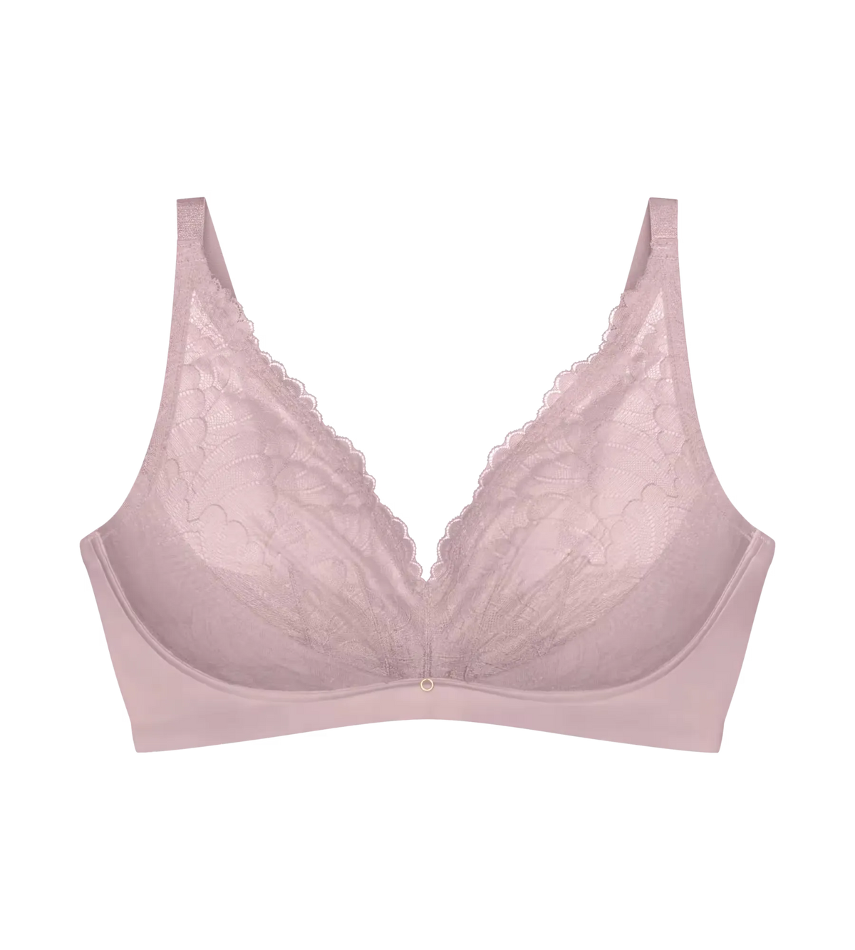 Delicate blush pink lace love in lace bra with soft seamless design and scalloped edges for comfortable wear
